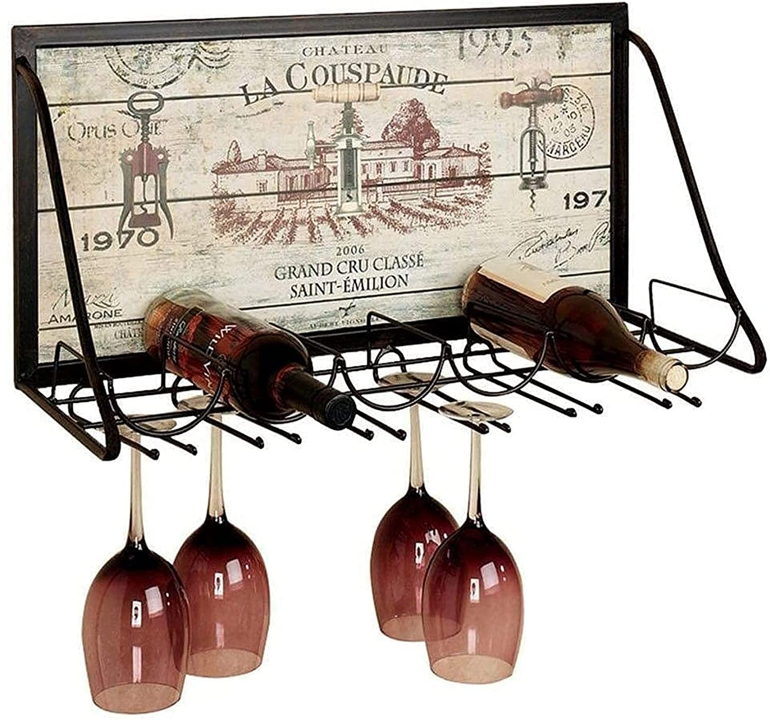 Iron Wall Mounted Wine Rack & Glass Holder - Holds 6 Bottles & 12 Glasses (65x26x40cm) - Perfect for Kitchen, Bar, Dining Room & Wine Cellar Organization