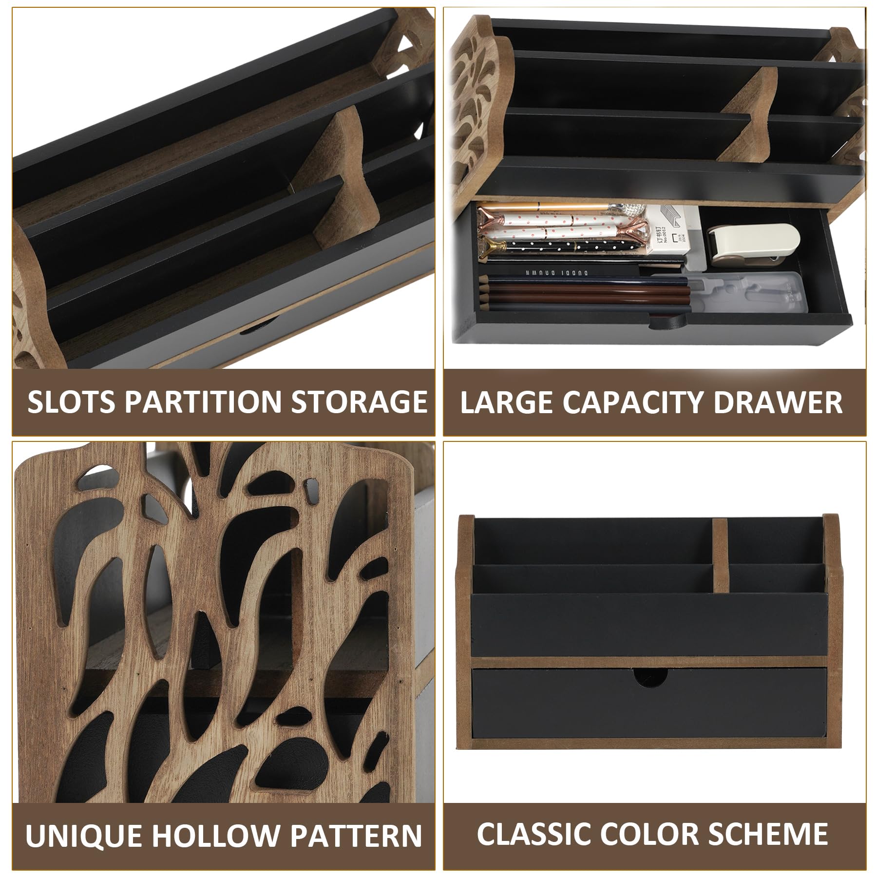 Wooden Desk Organizer with Drawer - 5-Slot Tabletop File Storage, Mail & Letter Holder, Pen Organizer for Office, School & Home Supplies | Perfect for Workspace, Study Desk & Countertop Organization