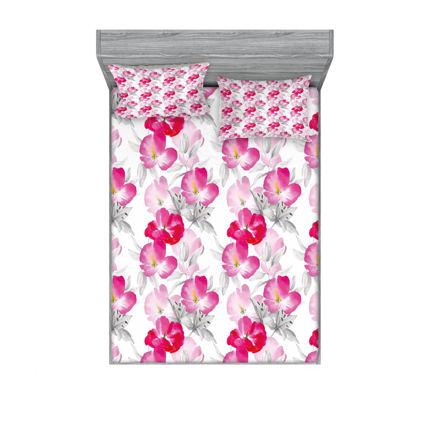 Ambesonne Floral 2-Piece Queen Size Fitted Sheet Set with 4 Pillow Shams - Watercolor Poppy Romance Design in Magenta Pink & Grey | Soft Bedding Decor for Master Bedroom, Guest Room & Dorm | Wrinkle-Resistant Luxury Cotton Blend Sheets