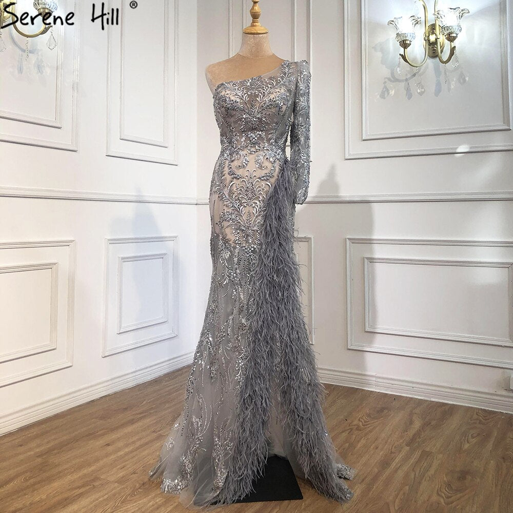 Elegant Grey High Slit Mermaid Evening Dress 2025 - One Shoulder Beaded Feather Formal Gown for Prom, Wedding & Special Occasions | LA70691