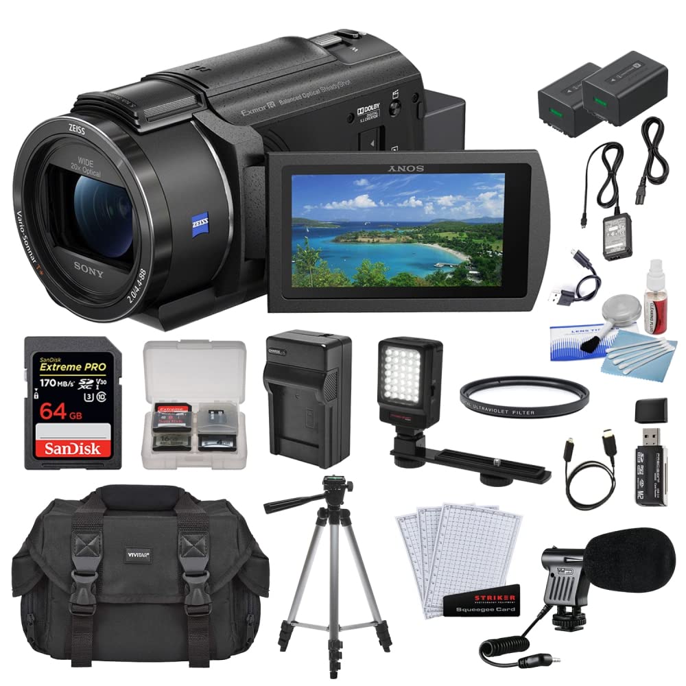 Sony FDR-AX43A 4K UHD Camcorder Bundle with 32GB Memory Card, Case, Extra Battery, Charger, Mic, LED Light, Tripod & 13 Accessories - Perfect for Vlogging, Travel Filming & Professional Video Shooting