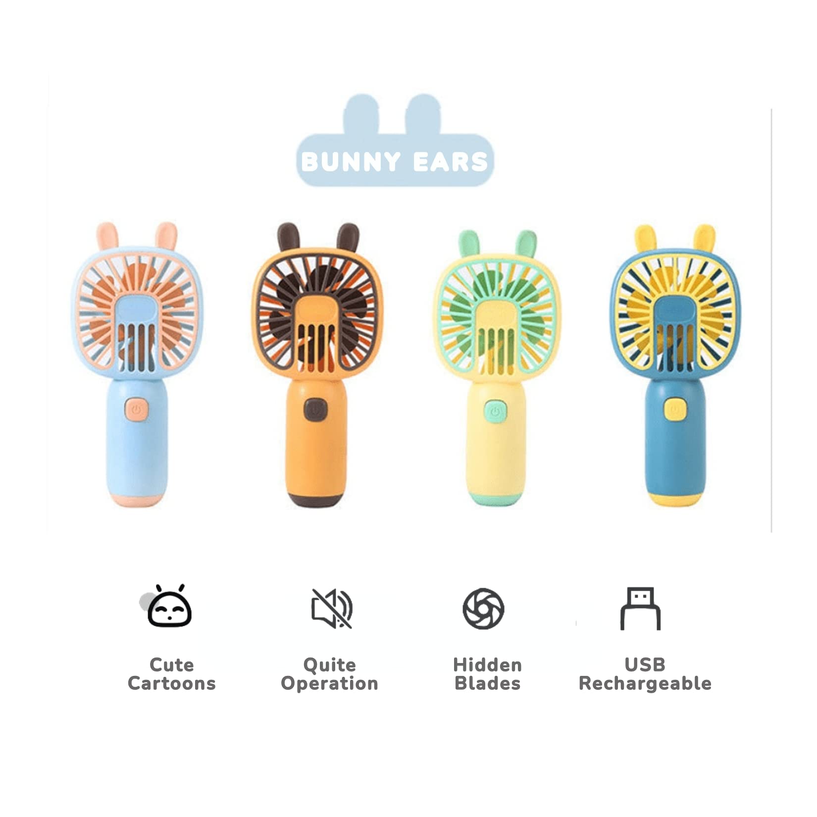 Cute Mini Handheld Personal Fan - USB Rechargeable Battery Operated Portable Fan for Kids & Teens - Bunny Ear Design in Light Blue - Perfect for School, Office, Outdoor Travel & Summer Cooling