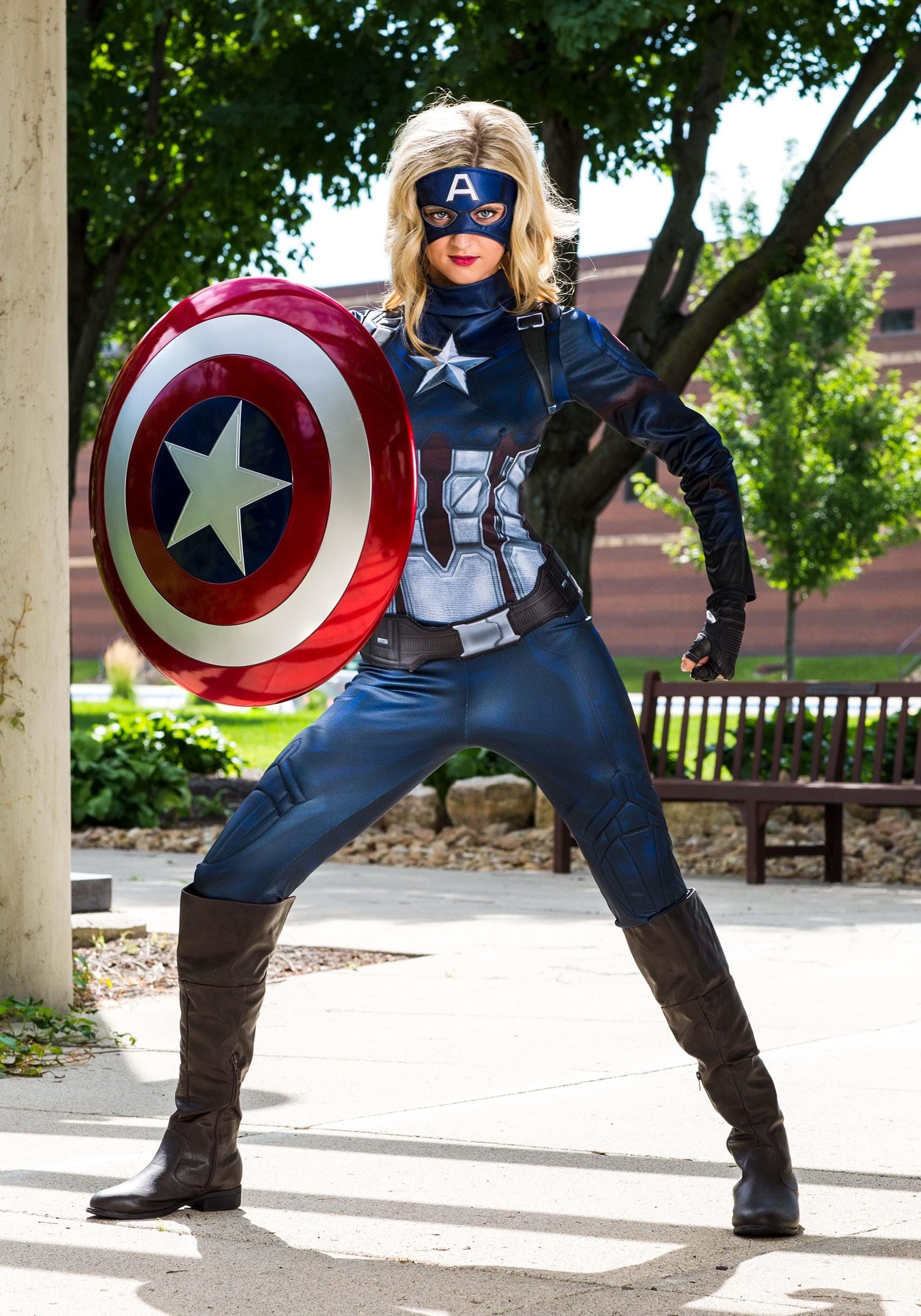 Captain America Women's Costume - Official Marvel Superhero Outfit for Cosplay, Halloween & Comic Con | Red, White & Blue Spandex Suit with Shield Accessory