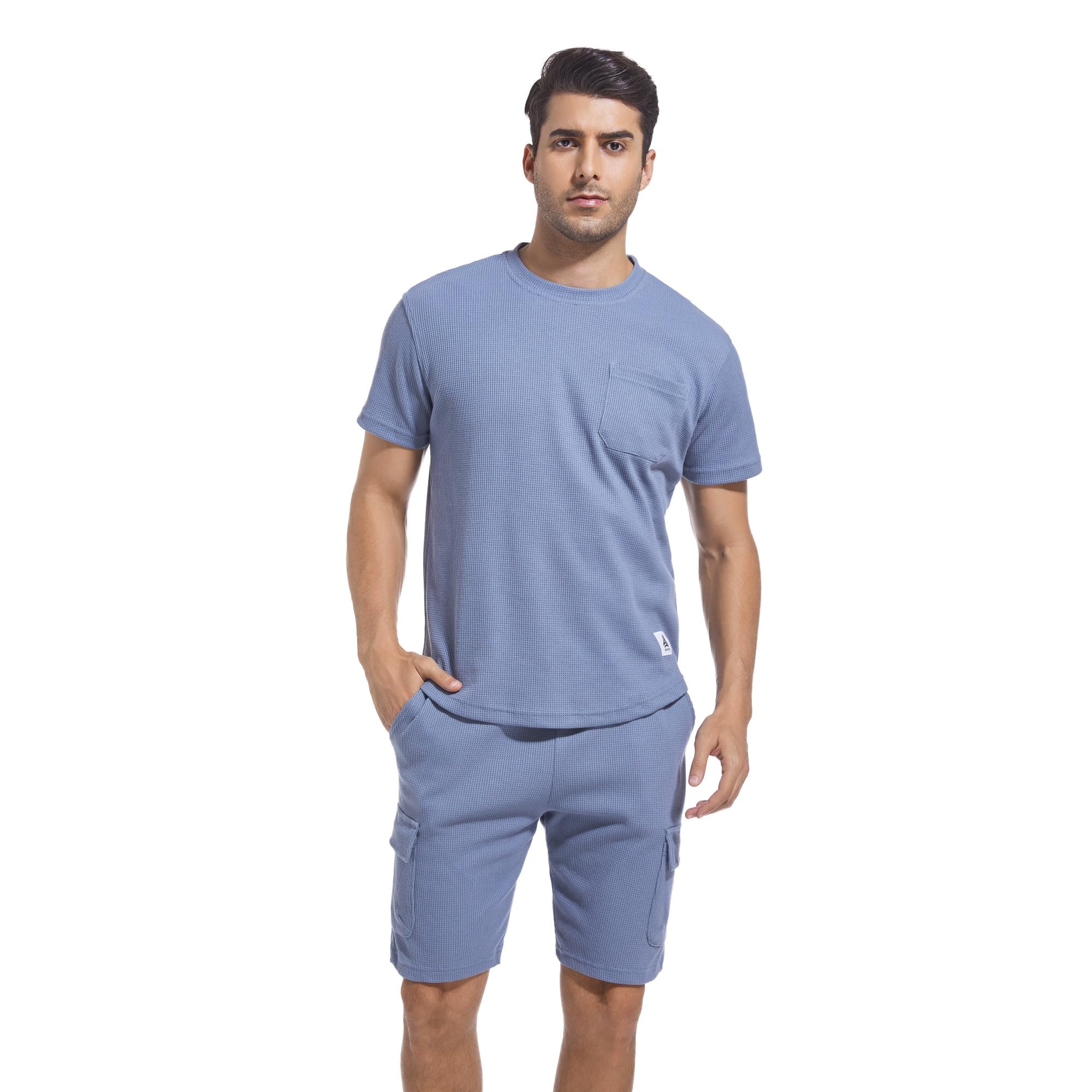 ANOTWENER Men's 2-Piece Casual Waffle Knit T-Shirt & Shorts Set - Summer Beach Vacation Outfit for Relaxing, Travel & Outdoor Activities
