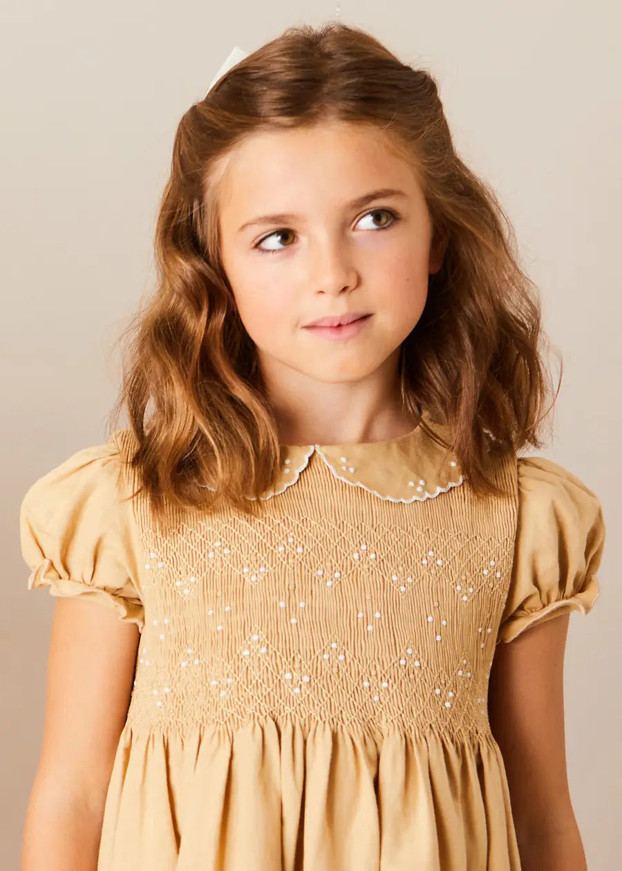 Hand Smocked Peter Pan Collar Short Sleeve Dress for Girls in Beige (12 Months - 10 Years) | Perfect for Birthday Parties, Easter, and Special Occasions