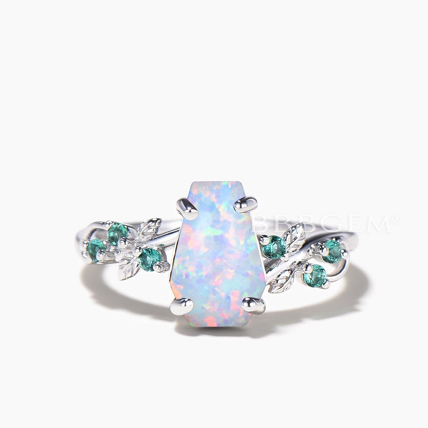 Nature Inspired Coffin Cut White Opal & Emerald Leaf Engagement Ring - Elegant Botanical Wedding Jewelry for Brides, Nature Lovers & Outdoor Ceremonies