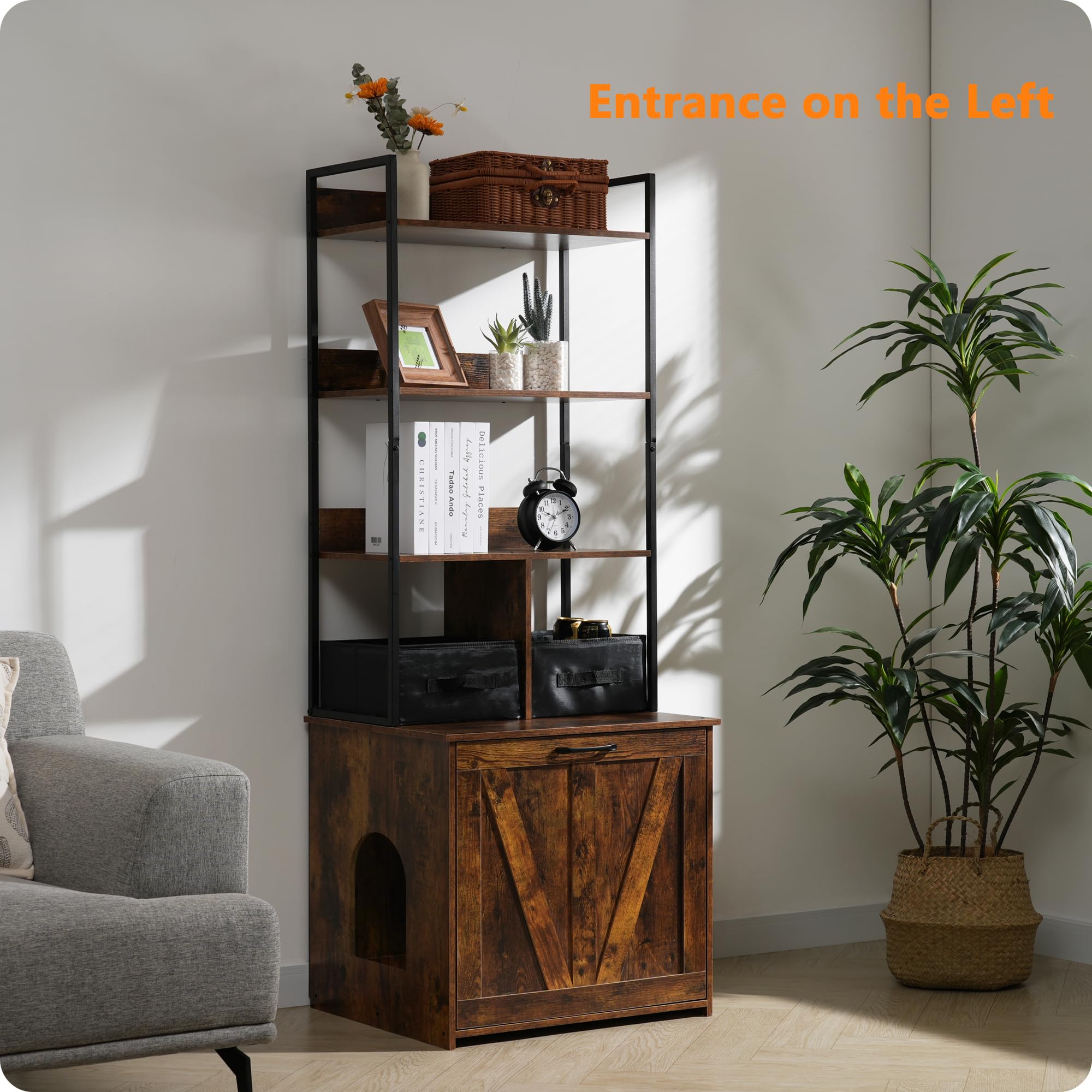 Dwanton 61.8-Inch Cat Litter Box Enclosure with Storage - 3 Shelves & 2 Drawers, 2-in-1 Hidden Litter Box Furniture, Reversible Entrance, Washable Drawers, Rustic Brown - Perfect for Small Spaces & Pet-Friendly Home Decor