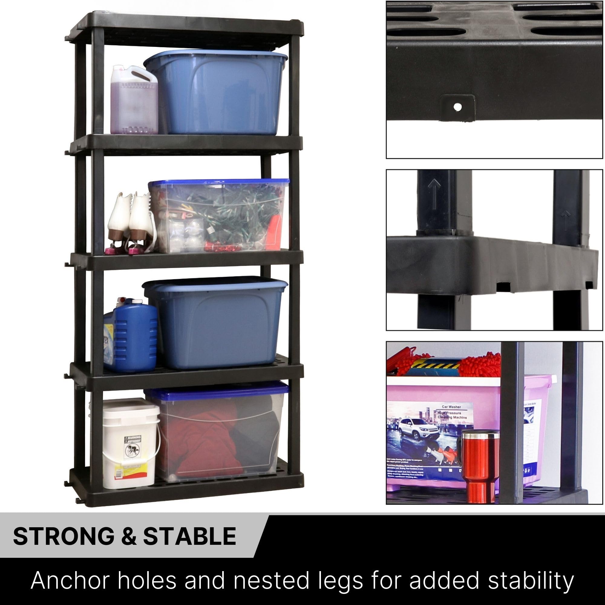 5-Tier Heavy Duty Plastic Storage Shelf - Garage Shelving Unit with Durable Rack & Organizer for Shed, Basement, Closet - Perfect for Home, Office & Workshop Organization (Black)