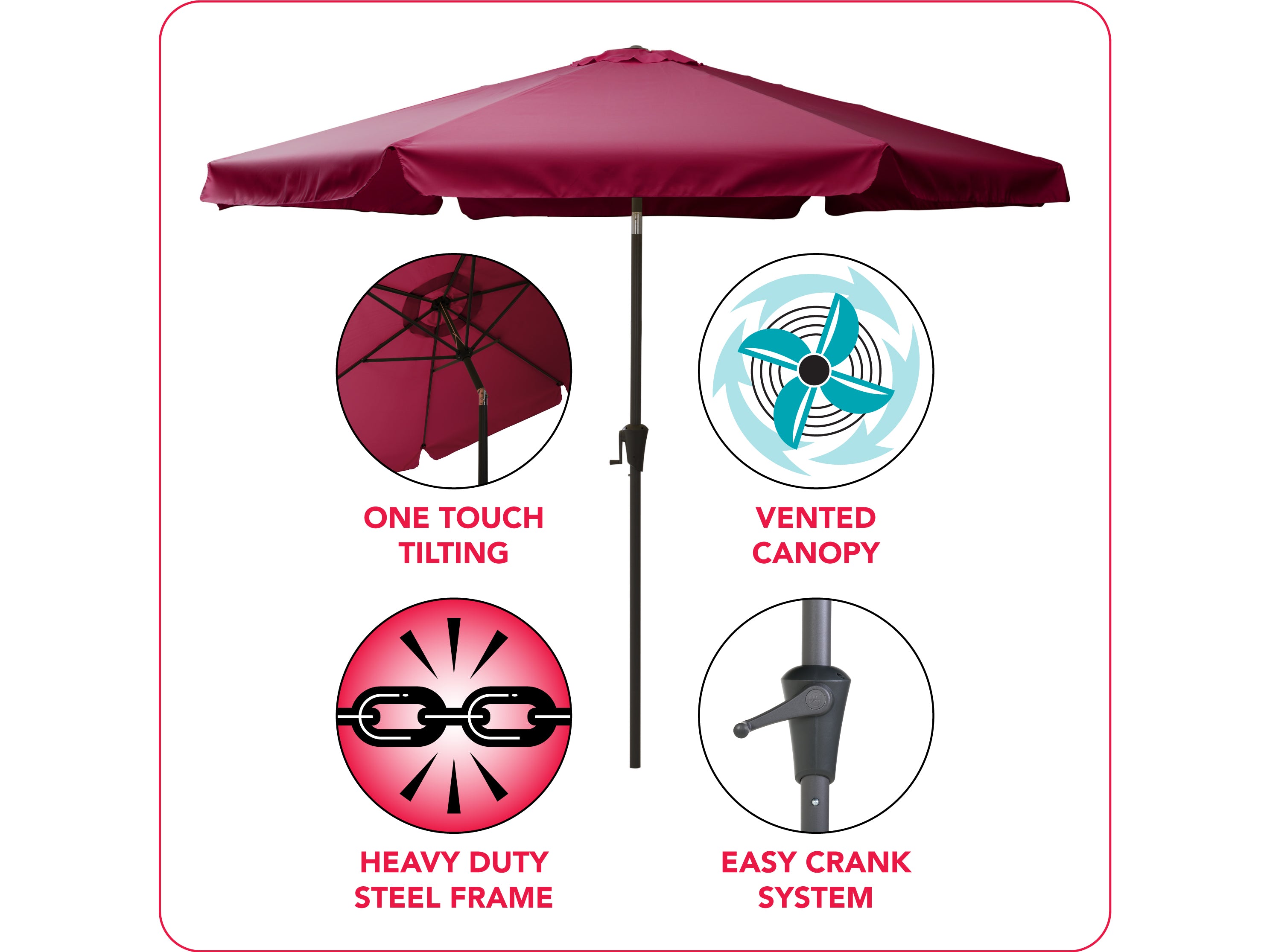 10ft Round Wine Red Patio Umbrella - Outdoor Sun Shade for Garden, Poolside, Deck, and Restaurant Use