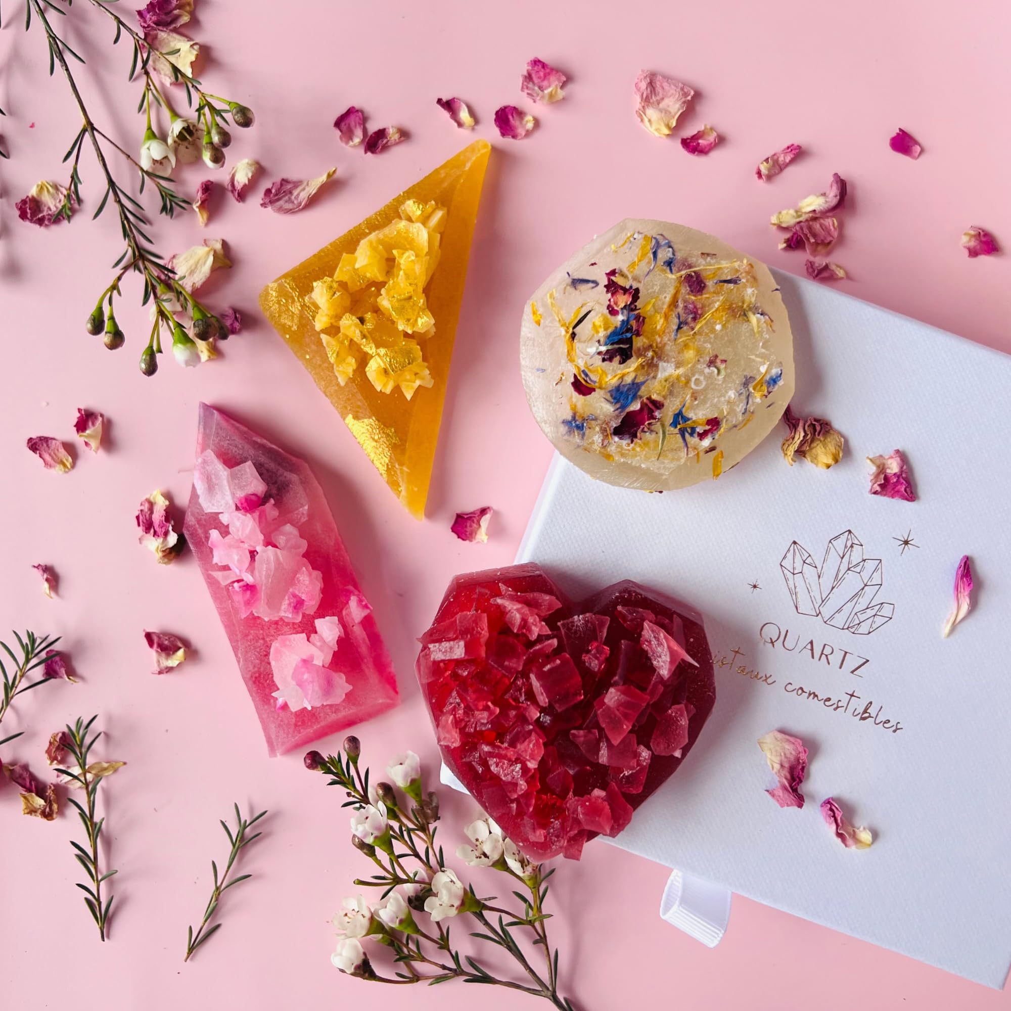 Vegan & Gluten Free Edible Crystals Gift Set with Natural Fruit Puree - Raspberry, Rose, Orange Blossom, Passion Fruit Flavors - Perfect for Meditation, Yoga & Wellness Gifts | Quartz Boutique