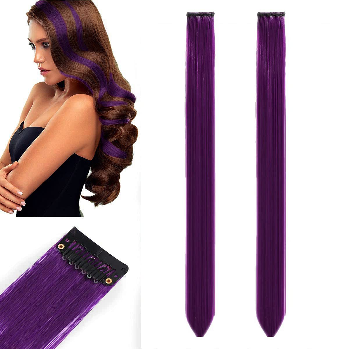 DELORUS Reusable Purple Hair Streaks Extensions for Women & Girls - 2-Piece Set | Clip-in Hair Extensions for Parties, Cosplay & Everyday Styling