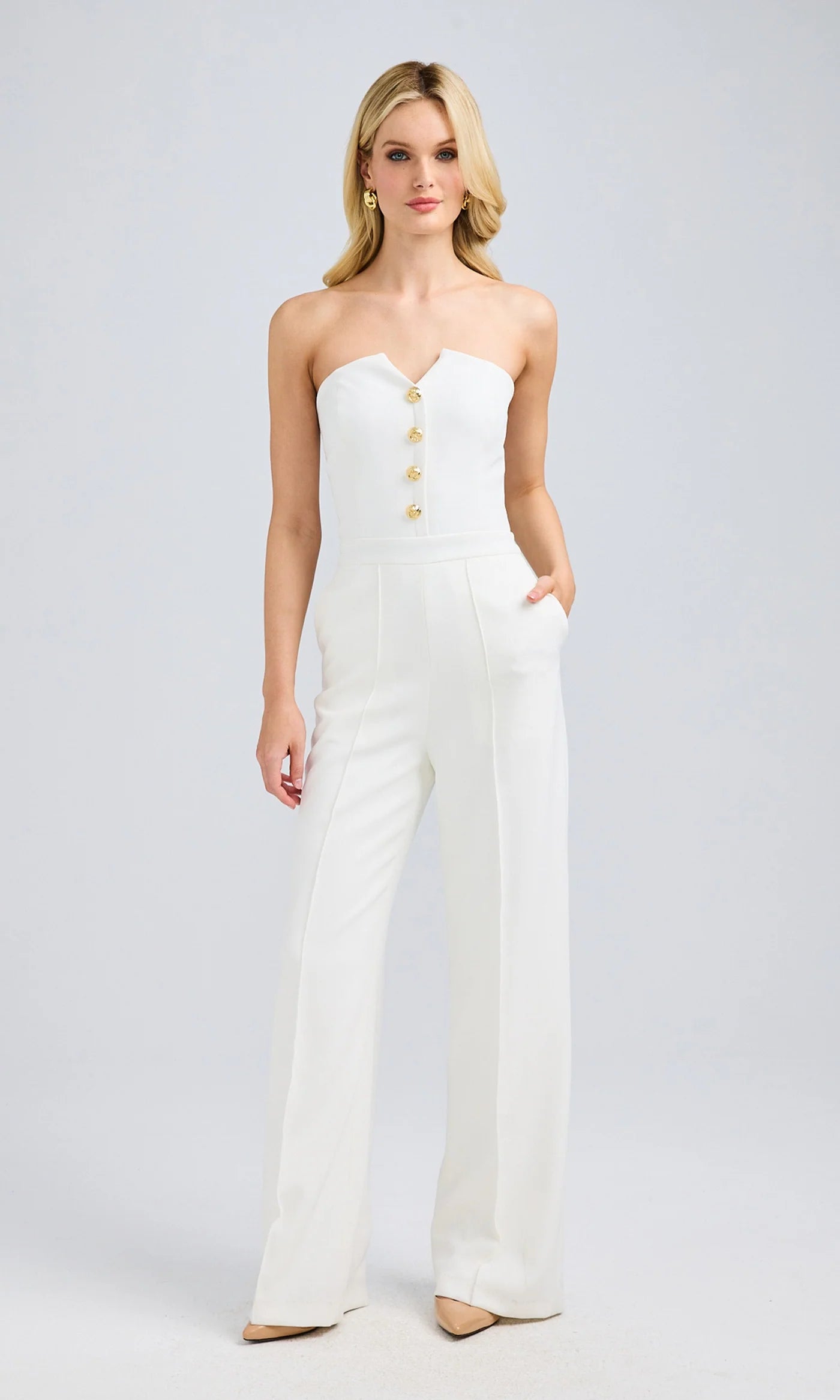 Camilo Crepe Button Jumpsuit for Women - Elegant White Romper with V-Neck & Short Sleeves | Perfect for Summer Outfits, Beach Vacations and Casual Wear