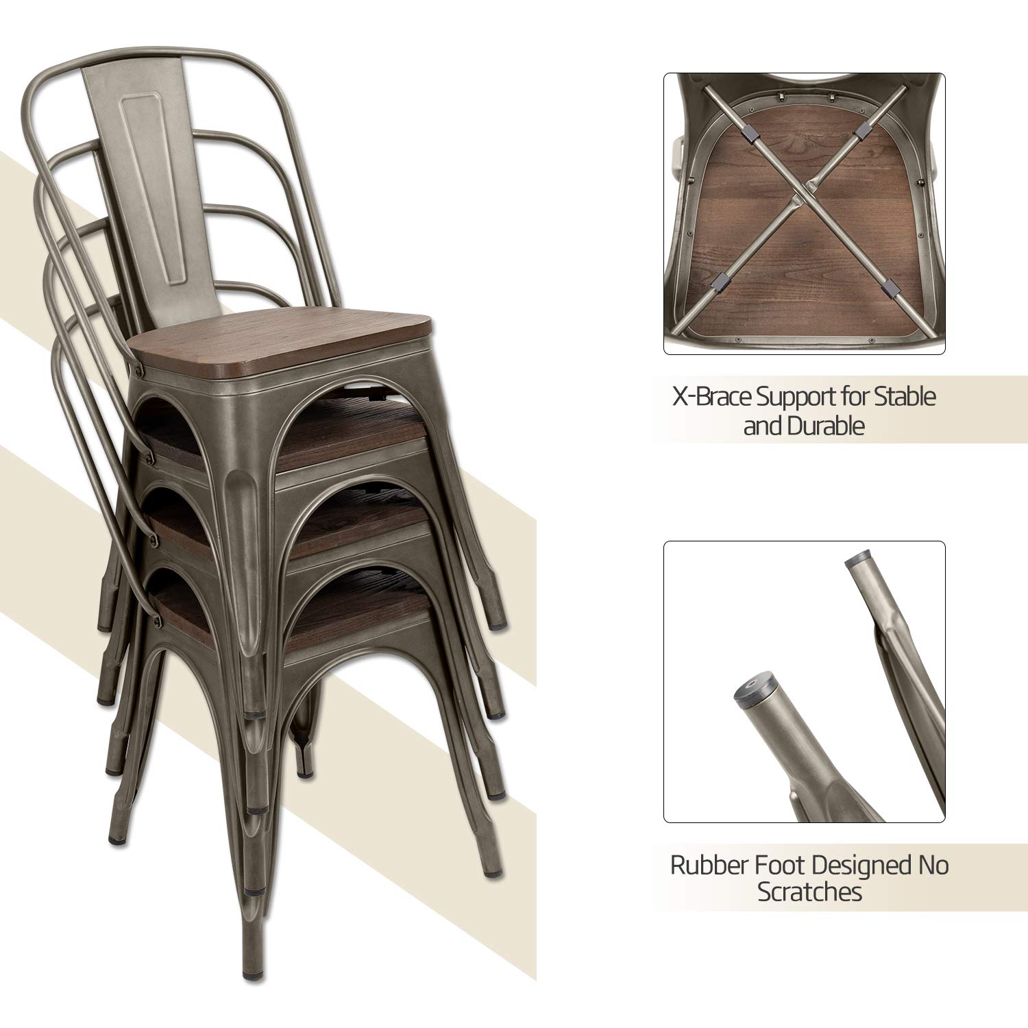 **Furniwell 4-Pack Metal Dining Chairs with Wood Seat - Stackable Indoor/Outdoor Industrial Tolix Chairs for Kitchen, Dining Room, Bistro & Cafe - Gun Metal Finish - Perfect for Home, Restaurant & Patio Use**