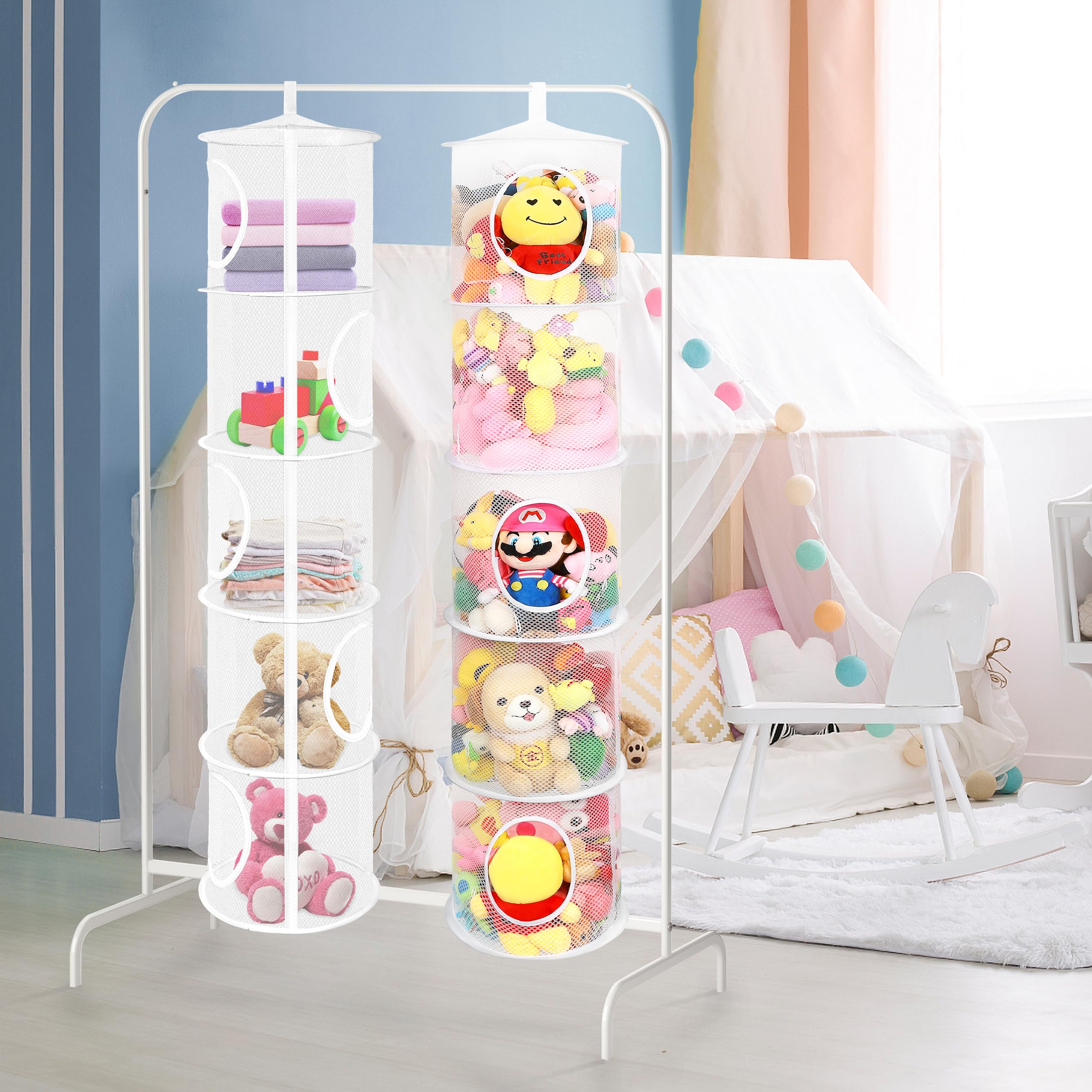 2Pcs Hanging Mesh Space Saver Bags Organizer - Foldable Stuffed Animal & Toy Storage with 5 Compartments for Kids Room, Gloves, Hats, Socks | Perfect for Closet, Nursery & Playroom Organization (White)