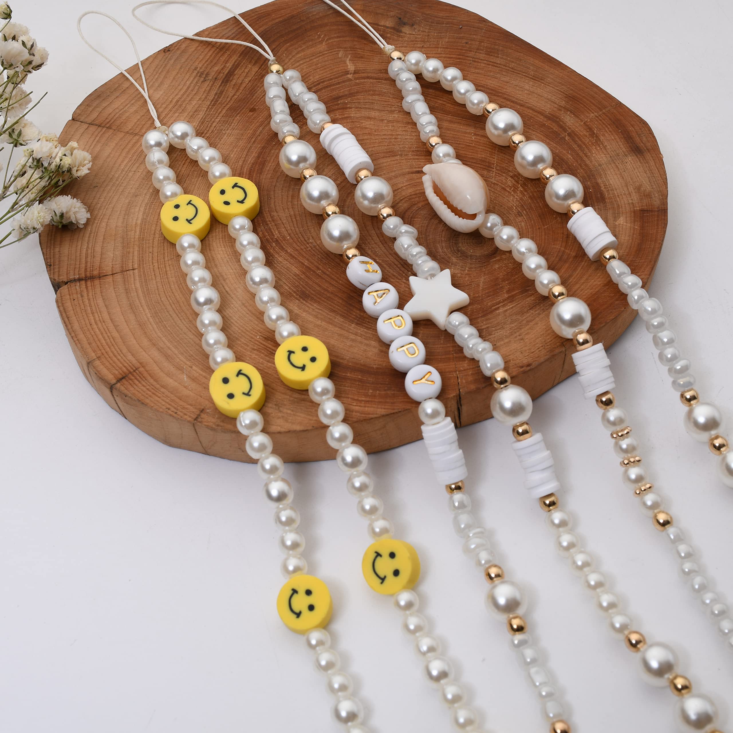 3pcs Handmade Beaded Phone Lanyard Wristband - Smiley Beaded Phone Charm with Shell Letter Design - Stylish Phone Chain Strap for Women & Girls - Perfect for Work, School, Travel and Everyday Use