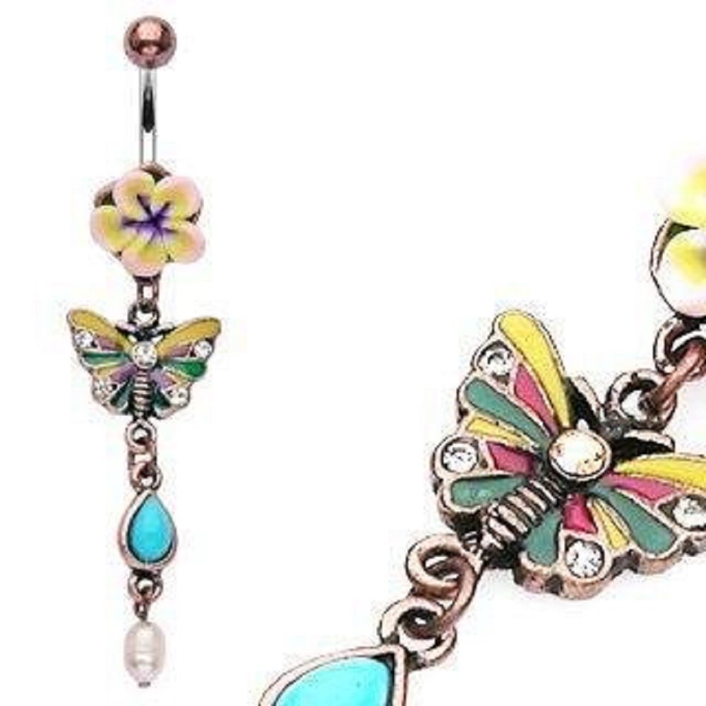 316L Surgical Steel 8mm Gem Belly Button Ring with Vintage Fimo Flower & Butterfly Dangle - 14G Body Jewelry for Women - Perfect for Piercings, Beach Wear, and Festival Outfits