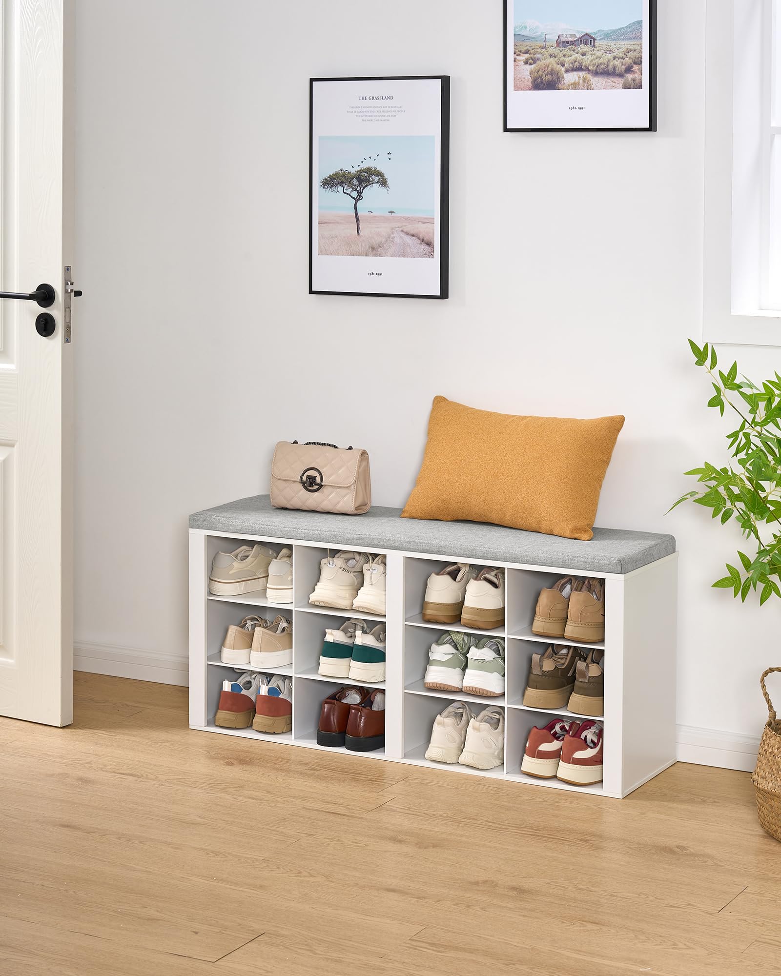 White Shoe Bench with Cushion - 12-Cubby Entryway Storage Bench with Adjustable Shelves | Shoe Organizer Cabinet for Living Room, Bedroom & Hallway | Perfect for Small Spaces, Apartment Entry & Shoe Storage Solutions