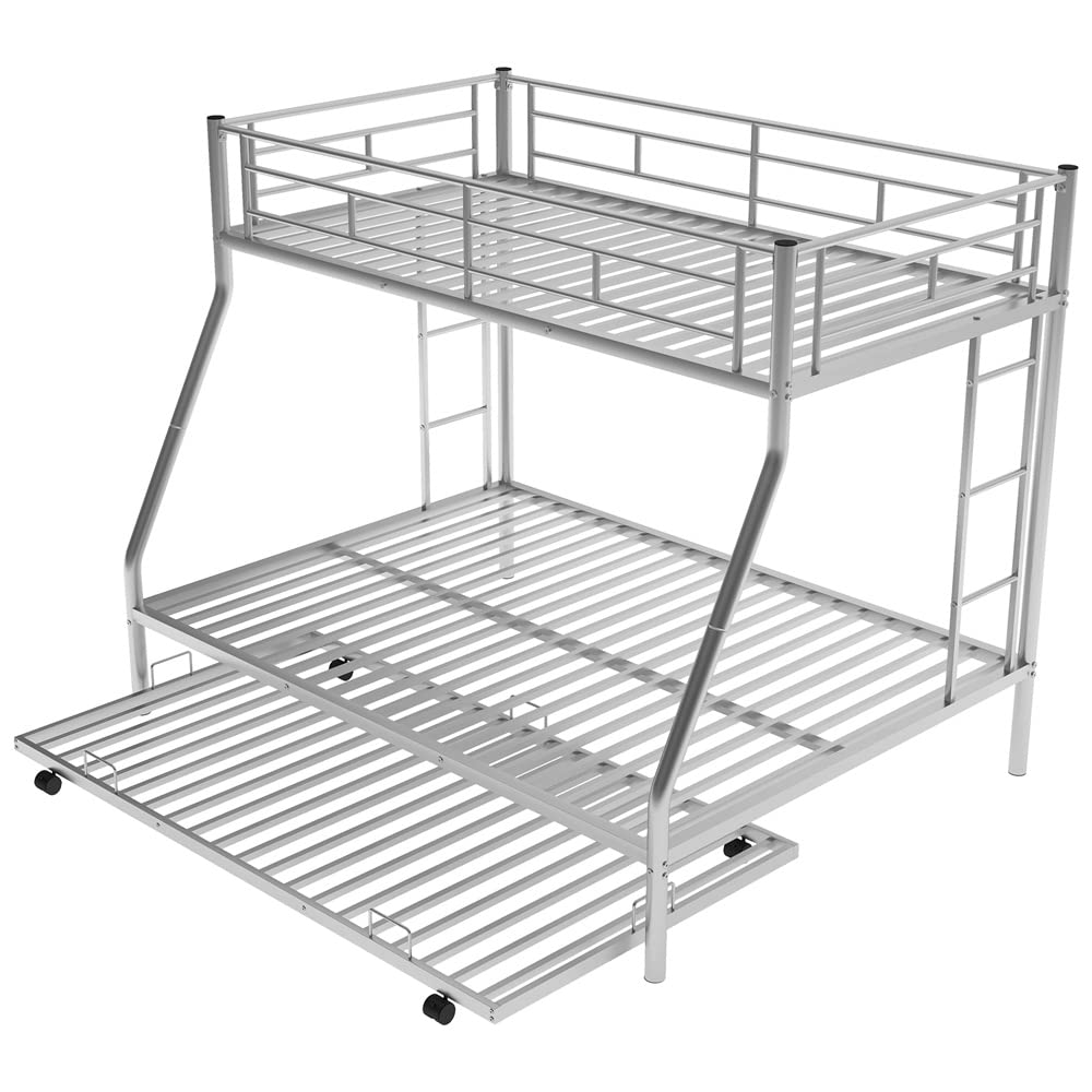 LLS Metal Bunk Bed with Trundle - Twin Over Full Bunk Bed Frame with Full-Length Guardrail & 2 Ladders | Heavy Duty Space-Saving Bunk Bed | Convertible to 2 Separate Beds | No Box Spring Needed | Silver Finish | Perfect for Kids' Rooms, Dormitories & Small Spaces