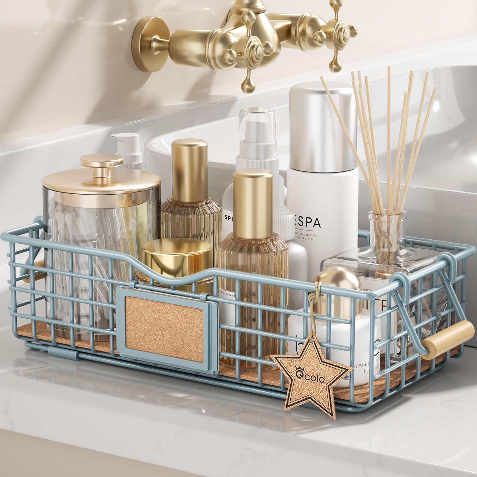 Bathroom Organizer Basket with Handle - Home Storage & Decor - Vanity Tray for Skincare & Makeup - Countertop Organizer for Bathroom Essentials - Blue - Perfect for Spa Days & Clutter-Free Vanity