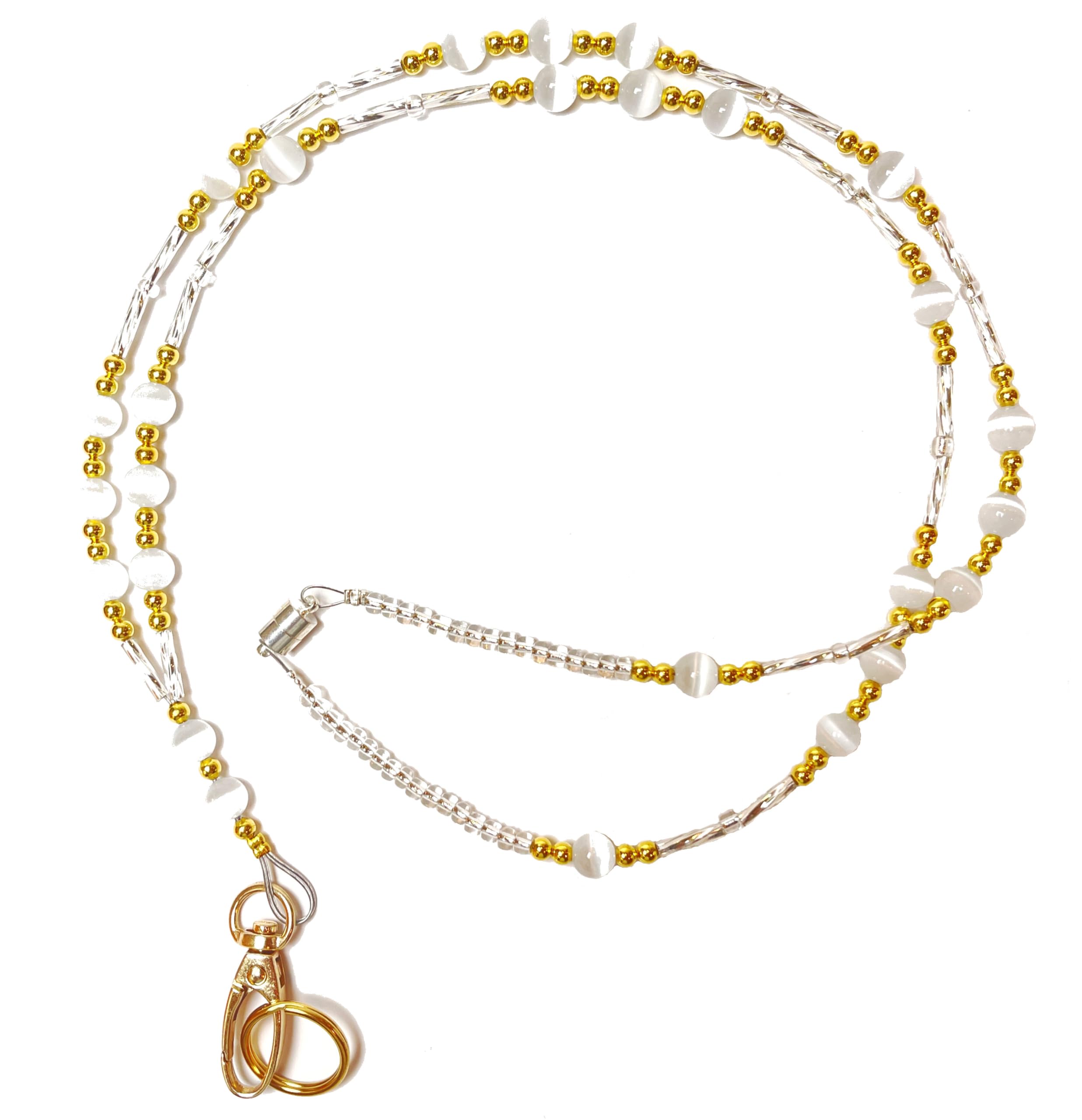 Women's Elegant Gold & White Beaded Lanyard - ID Badge Holder, Teacher Lanyard, Cruise Keychain, Phone Neck Strap - Perfect for Work, School, Travel & Events