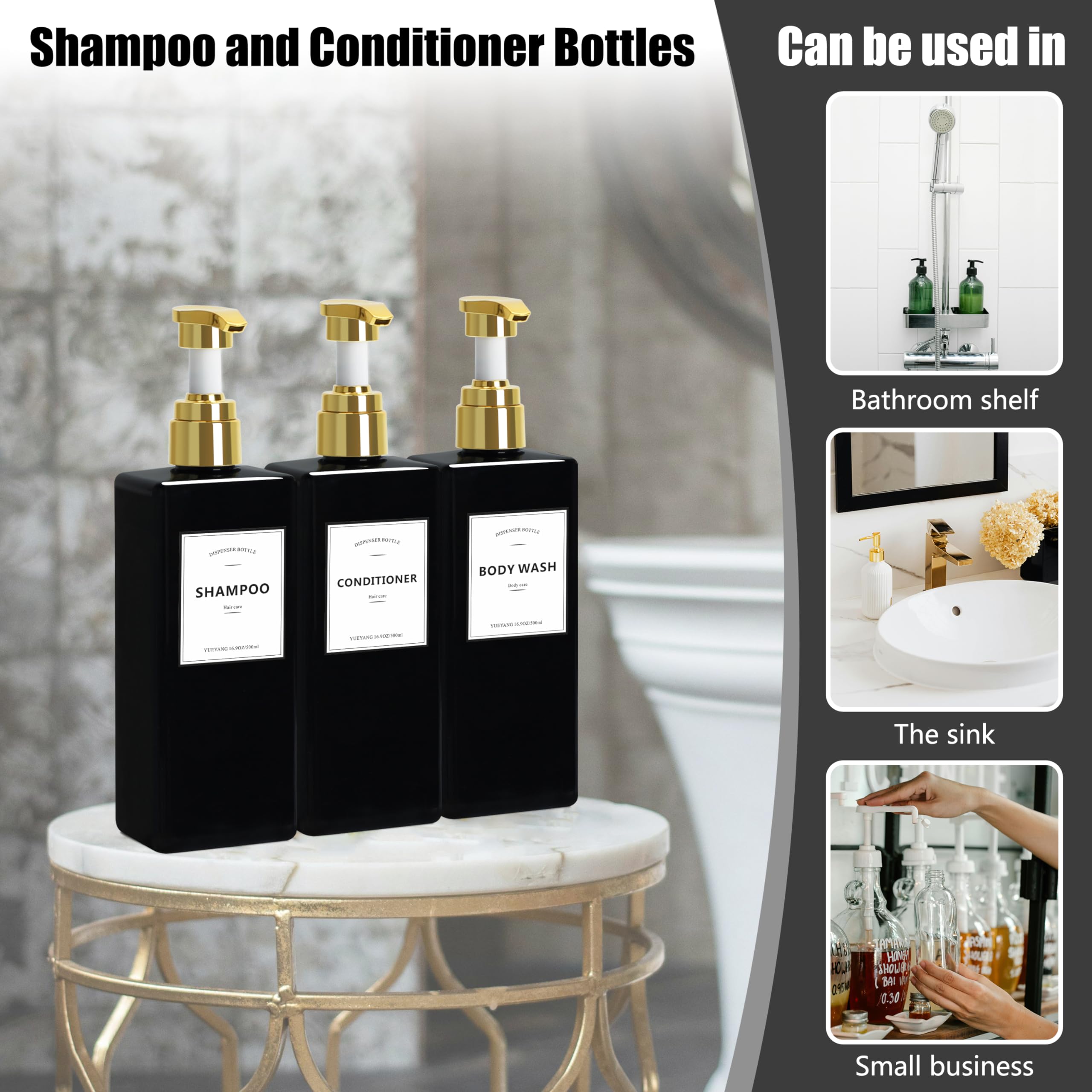 16.9OZ Refillable Black Shower Bottles with Gold Pump - Pack of 3 Empty Plastic Dispensers for Body Wash & Oil | Luxury Bathroom Organizer for Spa, Hotel, or Home Use