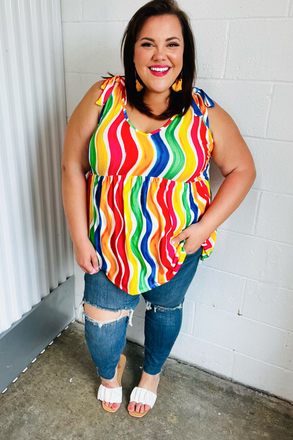 Trendy Multicolor Wavy Stripe Shoulder Tie Detail Blouse - Perfect for Summer Outfits, Beach Vacations & Casual Date Nights