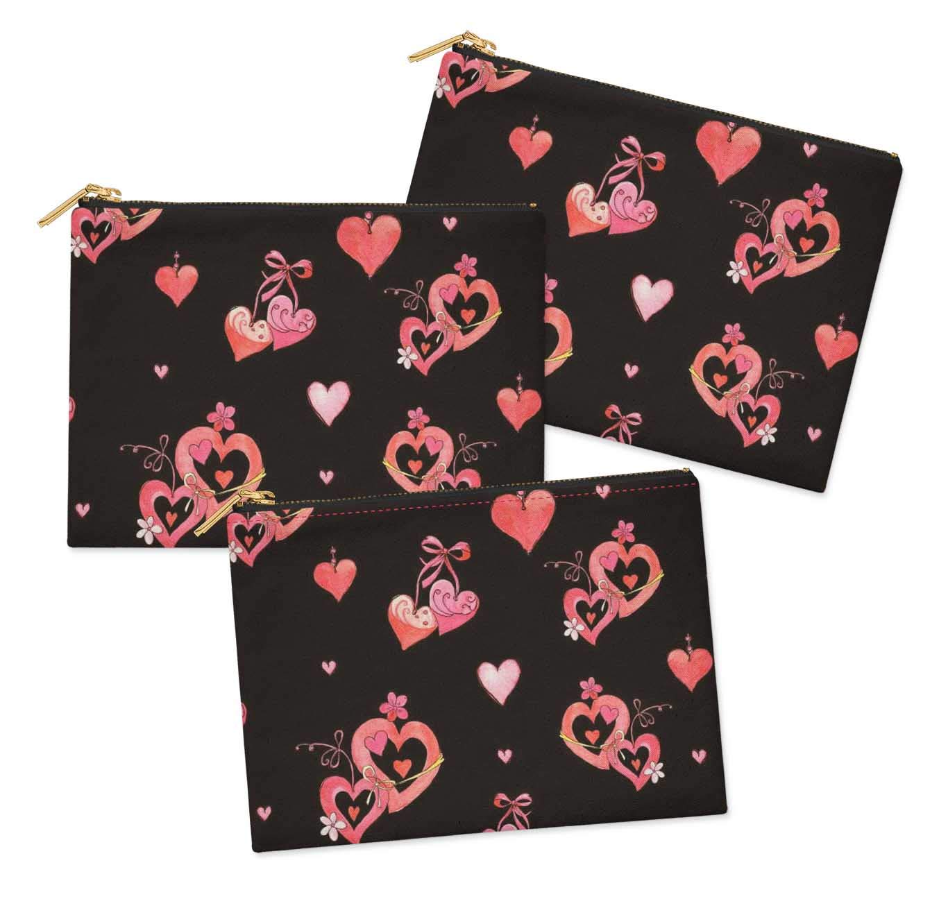S4Sassy Black Floral & Heart Print Cosmetic Bag Set of 3 - 6 x 8 Inch Makeup Pouch, Coin Purse & Toiletry Organizer for Travel, Gym & Daily Essentials Storage