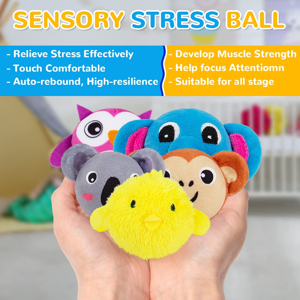 Teytoy Mini Sensory Stress Ball for Kids & Adults - 5 Pack Plush Stuffed Animal Toys (Owl, Elephant, Koala, Chicken, Monkey) - Anxiety Relief Squeeze Toys for Stress & Sensory Play - Perfect for Home, Office, School & Travel