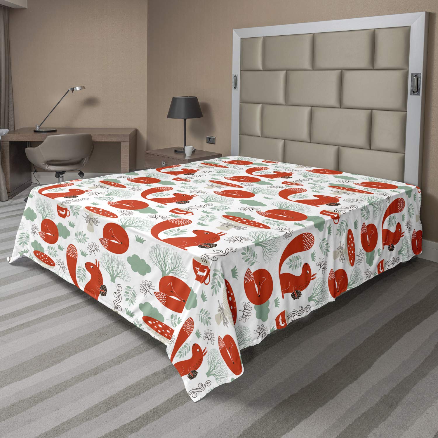 Ambesonne Bohemian Fox & Squirrel Printed Queen Size Flat Sheet - Soft Comfortable Bedding for Home Decor, Reseda Green Dark Brown | Perfect for Guest Rooms, Dorm Decor & Cozy Bedroom Makeovers