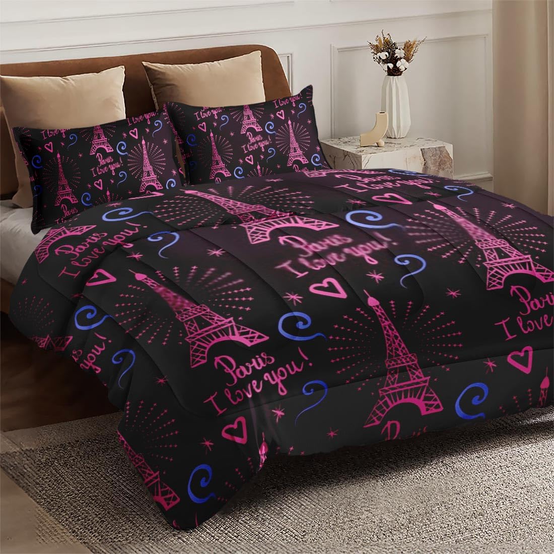 King Size Comforter Set - Paris I Love You Soft Bedding Collection for Kids & Adults, Eiffel Tower Design with 2 Pillowcases | Cozy Bedroom Decor for Guest Rooms, Kids' Rooms & Master Bedrooms