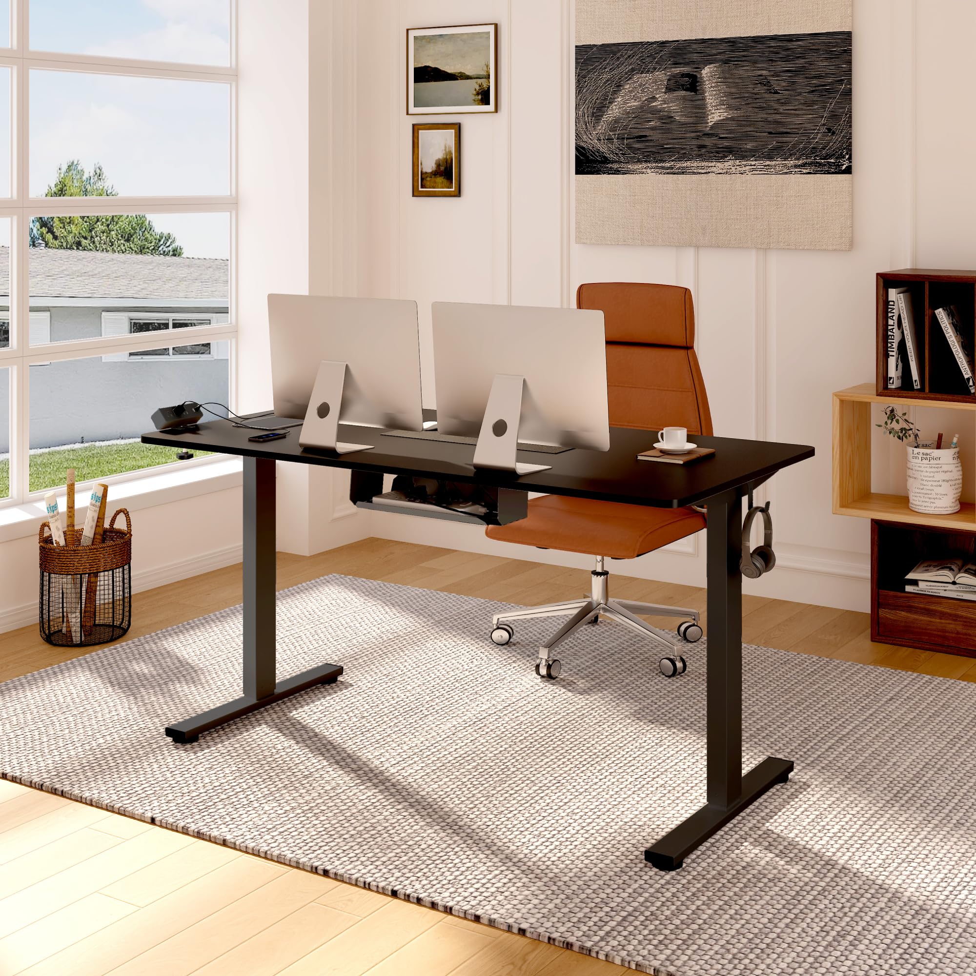 FlexiSpot EN2 Electric Height Adjustable Standing Desk - 55 x 28 Inches, Whole-Piece Design with Clamp Power Strip & Cable Management (Black Frame + Black Top) - Perfect for Home Office, Gaming & Workspace Ergonomics