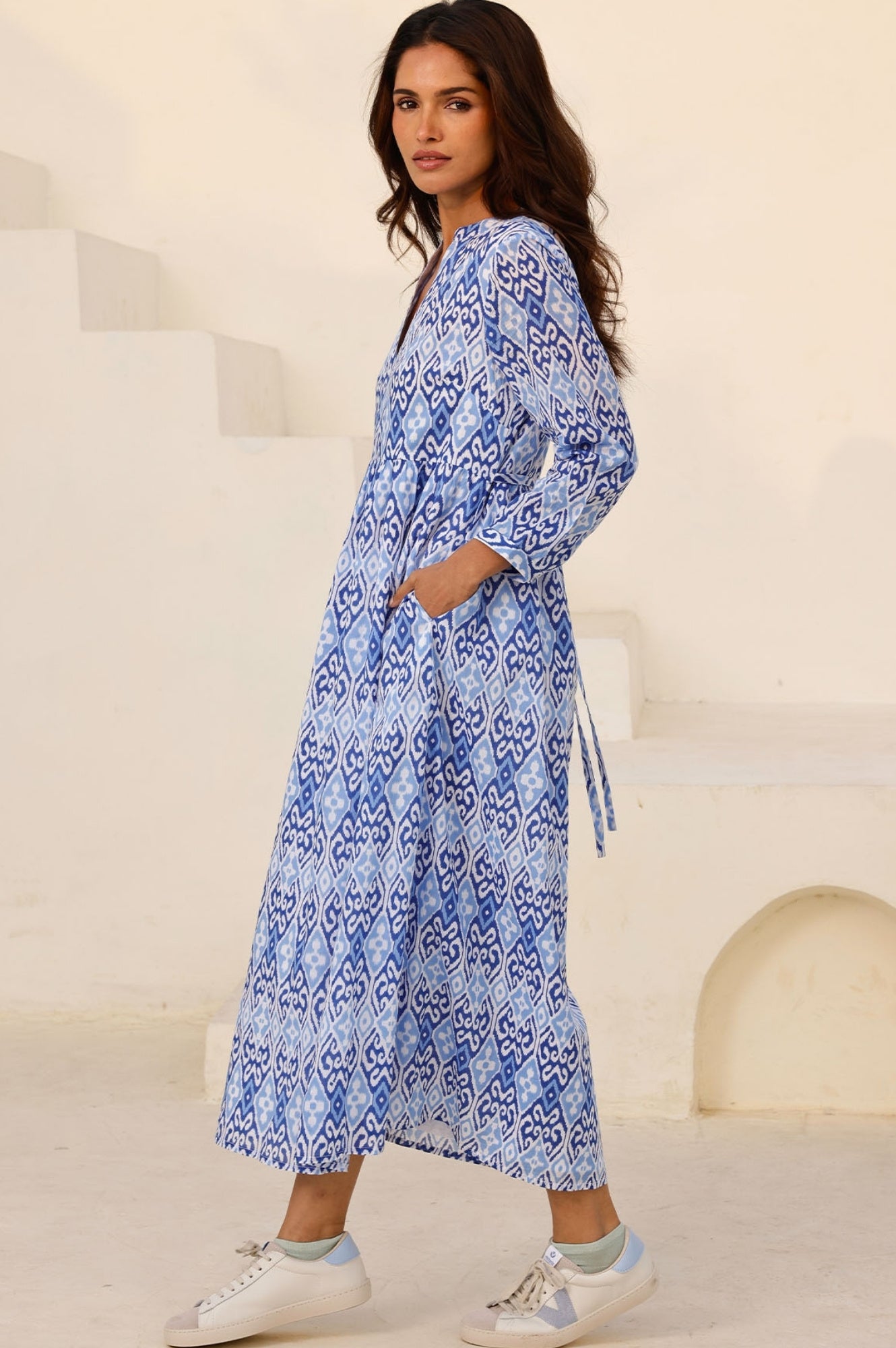 Mara Organic Cotton Dress - Ikat Print in White & Blue | Boho Chic Summer Dress for Beach, Vacation & Casual Outings