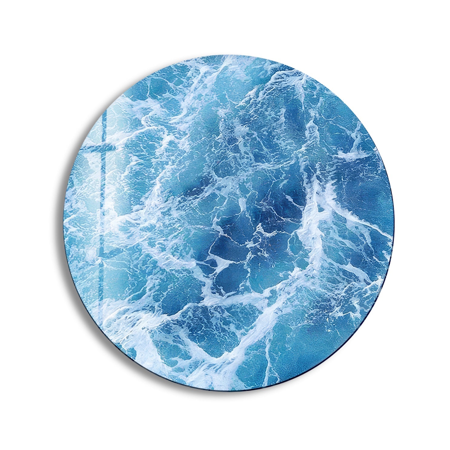 Blue Ocean Waves Round Glass Wall Art - Coastal Decor for Living Room, Bedroom & Office - Handmade Seascape Mural for Home & Office Decor