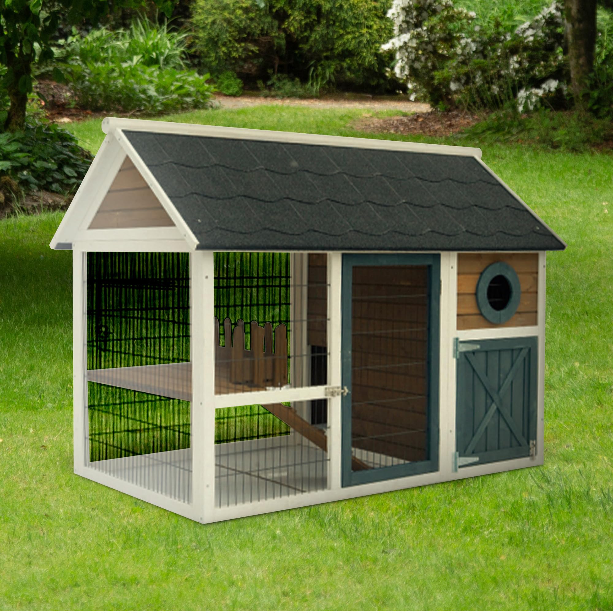 Old Fashioned 2-Story Rabbit Hutch with Asphalt Roof - Outdoor Bunny Barn for Roaming & Play | Easy-Clean Pull-Out Metal Tray | Perfect for Backyard Rabbit Housing & Pet Play Area