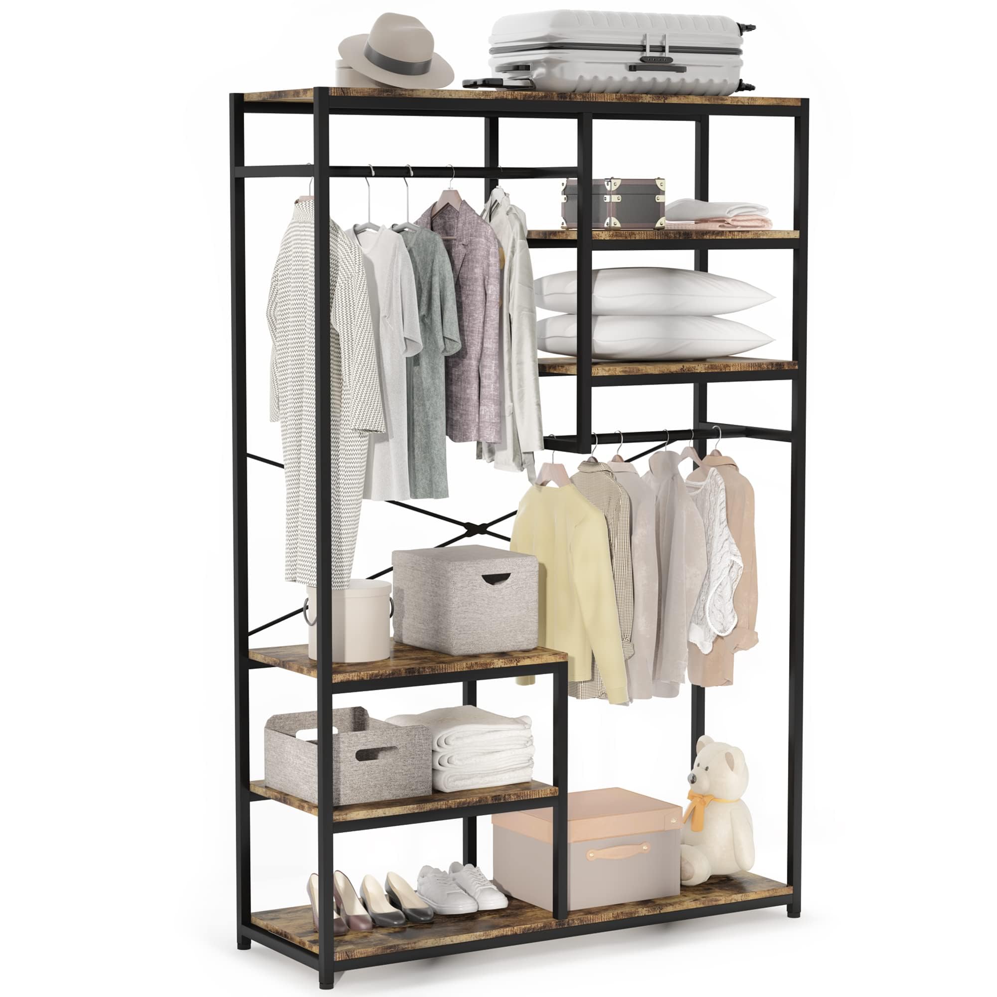 JoliJour Wood and Metal Freestanding Coat Rack with Shelves - 120x40x180cm Entryway Clothes Hanger, Wardrobe Organizer for Hallway, Bedroom or Office Storage