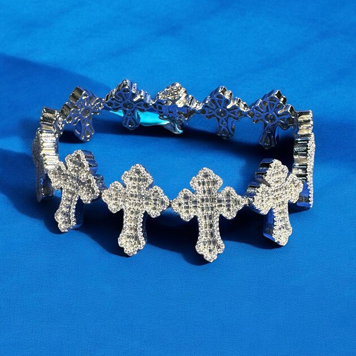 Moissanite Cross Link Bracelet for Men - 925 Sterling Silver & 14K Gold Plated - Elegant Religious Jewelry Gift for Him - Perfect for Church, Weddings & Special Occasions