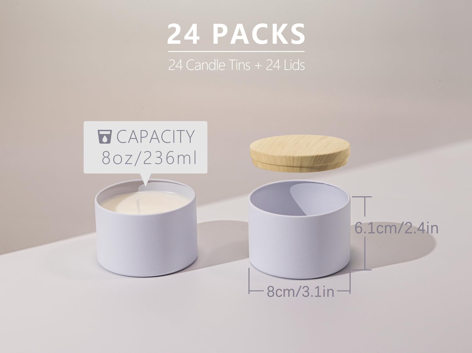 Aroparc 8oz Candle Tins with Wood Grain Lids - 24 Pack Empty Candle Jars for DIY Candle Making Supplies, Seamless Containers - Perfect for Home Decor, Wedding Favors & Gift Packaging