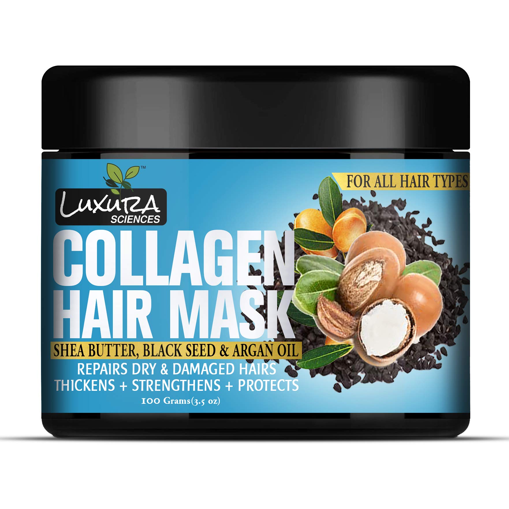 Luxura Sciences Collagen Hair Mask & Deep Conditioner with Black Seed Oil, Argan Oil & Shea Butter - Intense Hydration & Repair Treatment for Dry, Damaged Hair - 100g (Refreshing Peace) - Perfect for Post-Shower Hair Care & Weekly Nourishment Routine