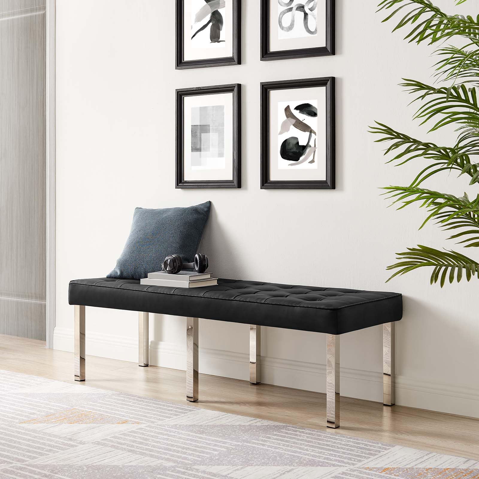 Modern Accent Chair Bench for Living Room - Faux Leather Upholstery with Metal Steel Frame in Black & Silver | Perfect for Lounge, Reading Nook, or Bedroom Seating