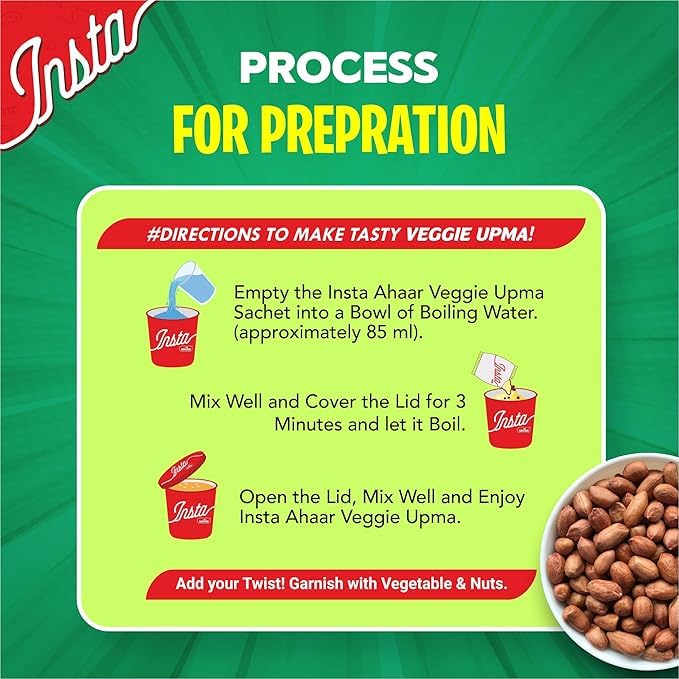 Insta Ahaar Veggie Upma Ready-to-Eat Instant Meal - Pack of 5 (60g Each) | Healthy Indian Breakfast & Snack | Quick Vegan Food for Office, Travel & Emergency Meals