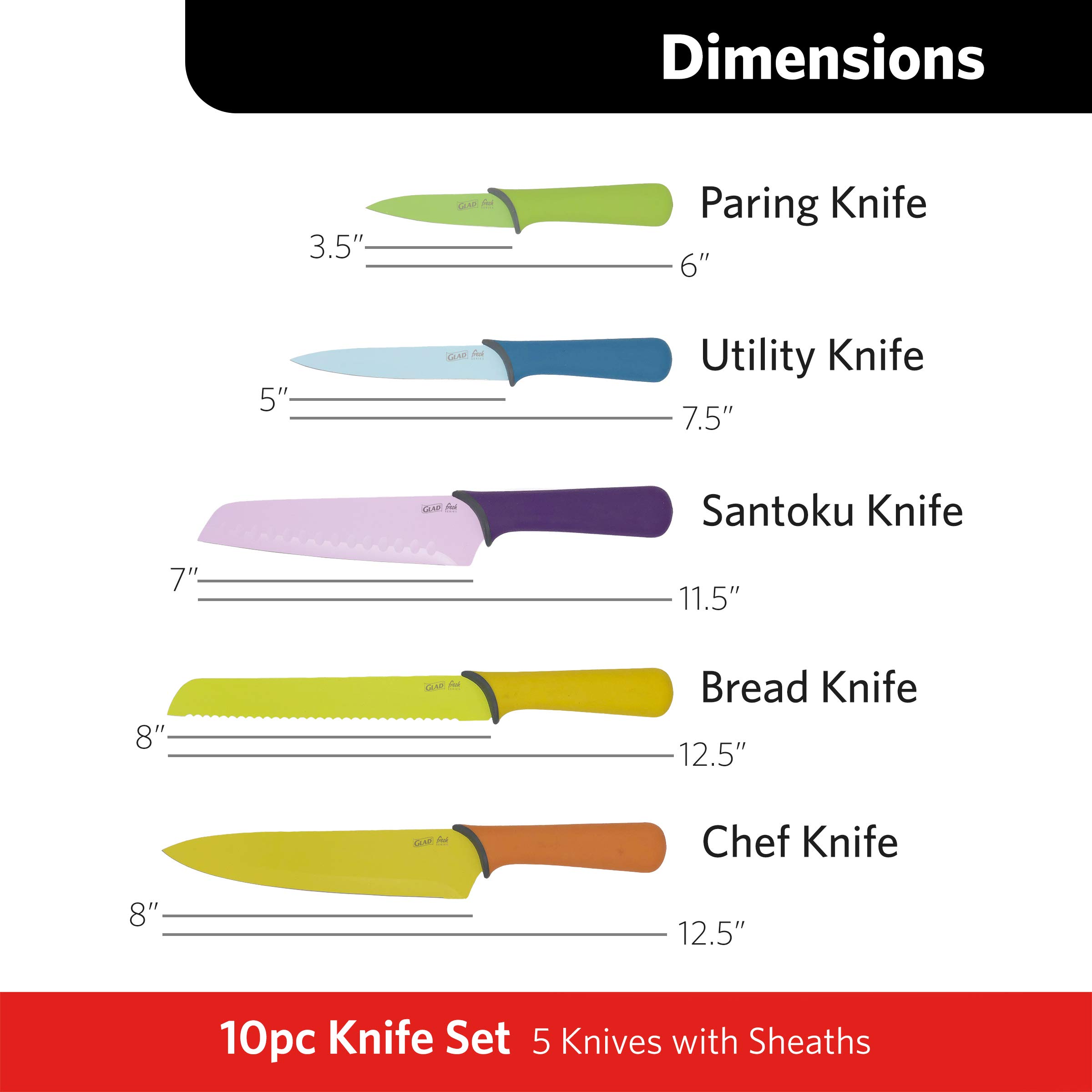 Premium GLAD Kitchen Knife Set - 6-Piece Stainless Steel Chef Knives with Protective Sheaths | Ultra-Sharp Colored Blades & Ergonomic Non-Slip Handles | Complete Cooking Essentials for Home Chefs & Culinary Enthusiasts | Perfect for Meal Prep, Slicing, Dicing & Professional Cooking