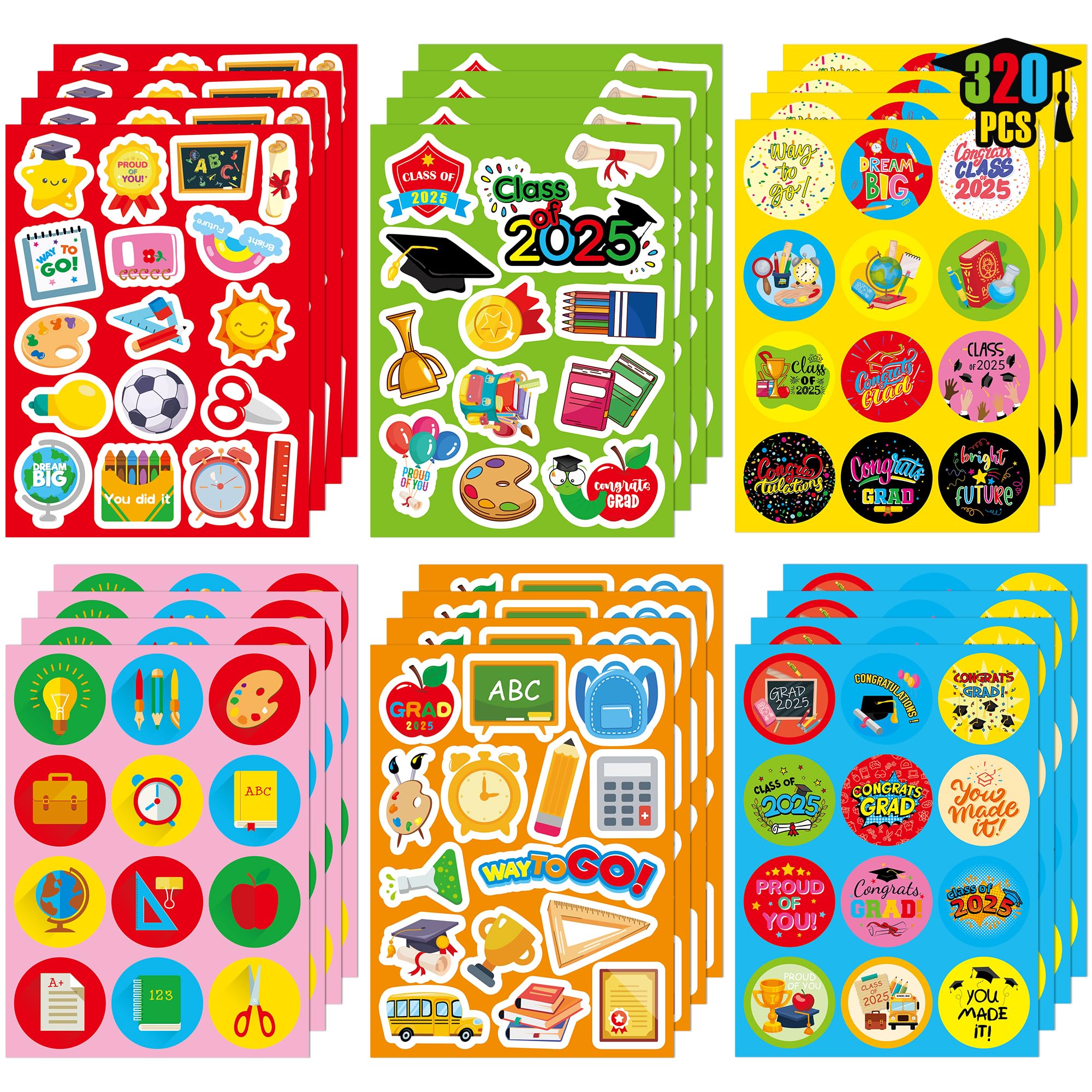 320 PCS Graduation Stickers Class of 2025 - Colorful Preschool & Kindergarten Grad Stickers for Envelopes, Elementary School Classroom Decor - Perfect for Graduation Parties, Scrapbooking & DIY Projects