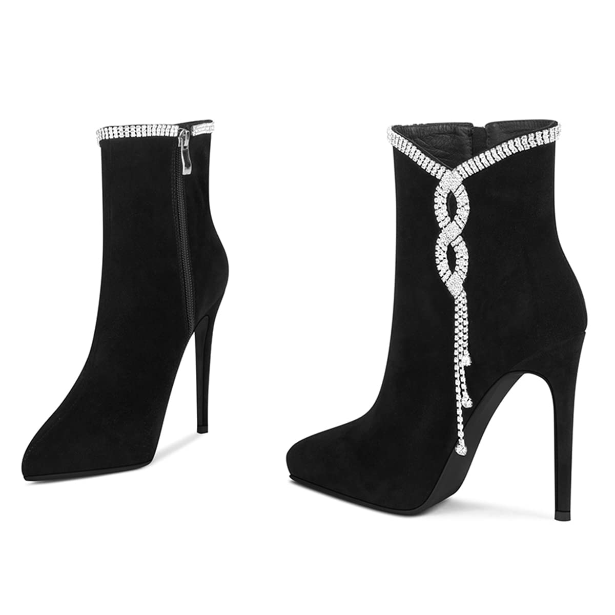 YDN Women's Rhinestone Chain Pointy Toe Stiletto High Heel Ankle Boots - Side Zipper Faux Suede Dress Shoes (US Size 4-15) for Party, Wedding & Formal Occasions