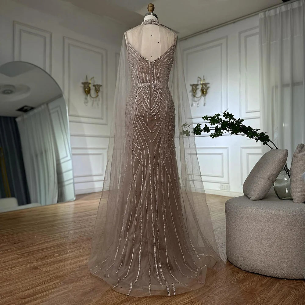 Luxury Dubai Saudi Caramel Mermaid Arabic Evening Dresses with Beaded Cape Sleeves - Formal Gowns for Weddings, Galas & Special Occasions LA72852