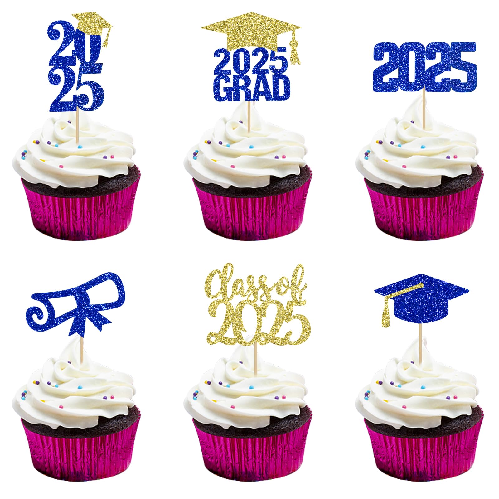 2025 Graduation Cupcake Toppers - Blue and Gold Class of 2025 Decorations (24Pcs) | Perfect for Graduation Parties, Cakes, Cupcakes & Dessert Displays
