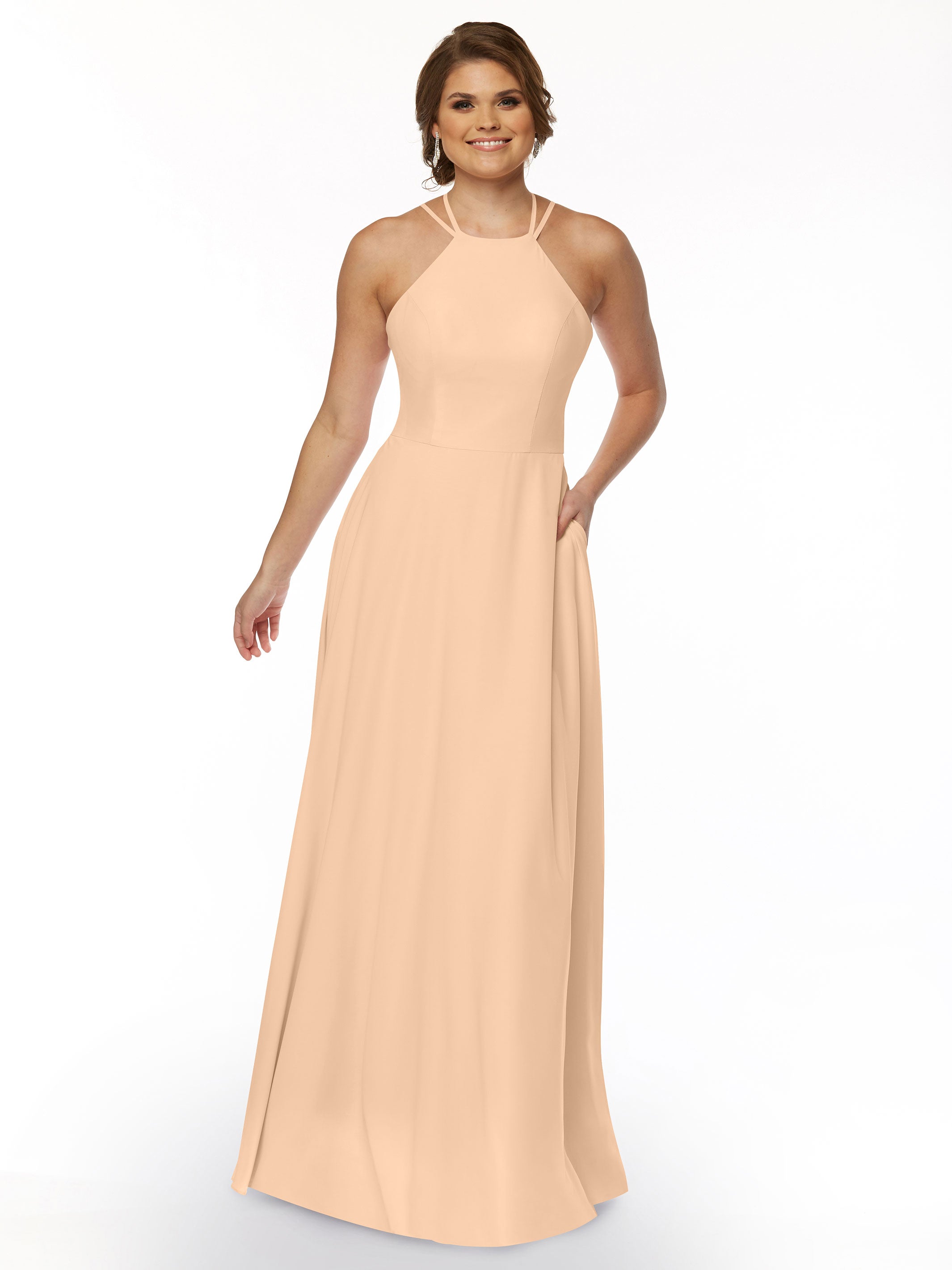 Elegant 83006 Stretch Chiffon A-Line Bridesmaid Dress with Halter Neckline - Perfect for Weddings, Formal Events & Special Occasions