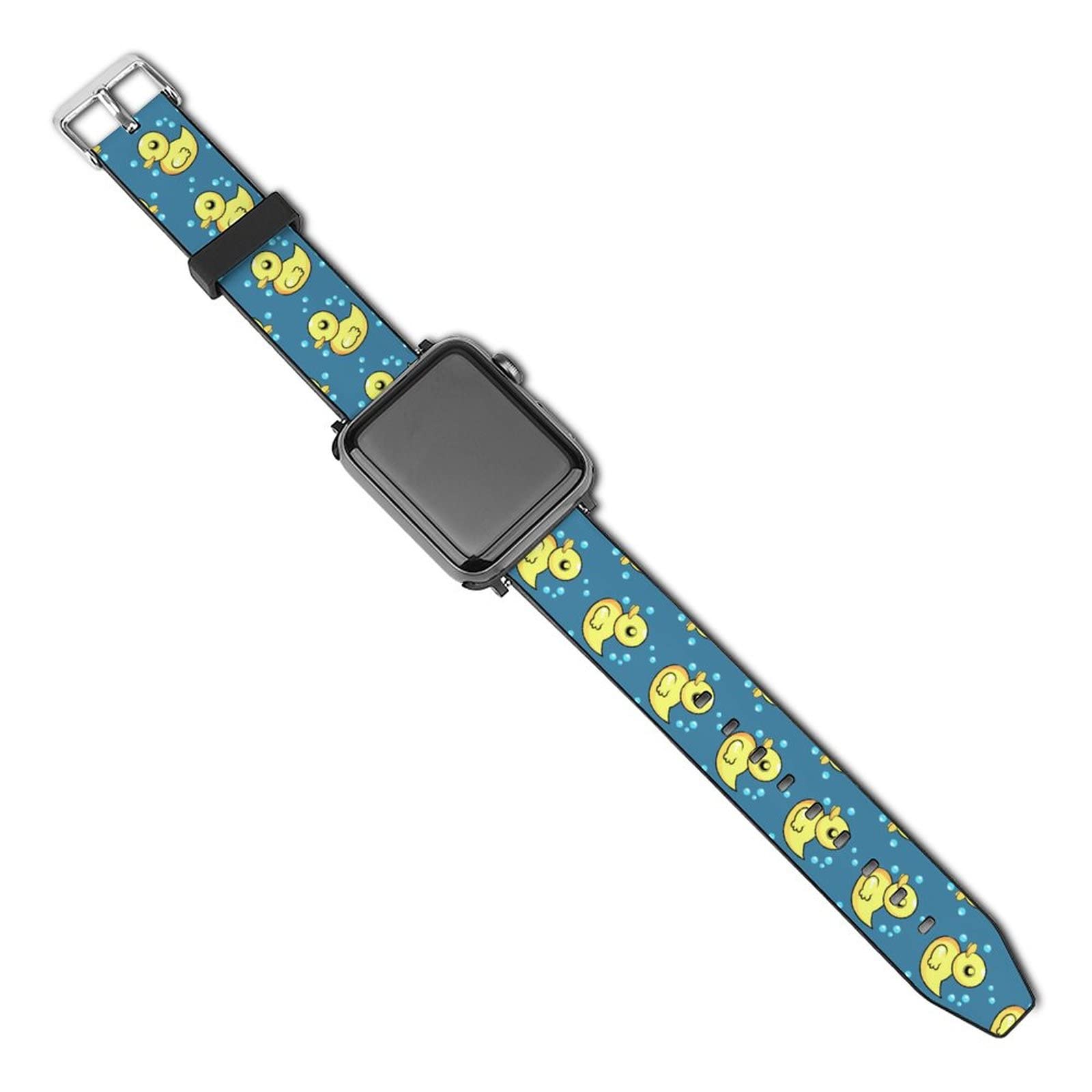 Breathable PU Leather Smart Watch Band for Apple Watch Series 38mm/40mm 42mm/44mm - Yellow Rubber Ducky Ducks & Bubbles Pattern Replacement Strap for Women & Men | Perfect for Workouts, Swimming & Casual Wear