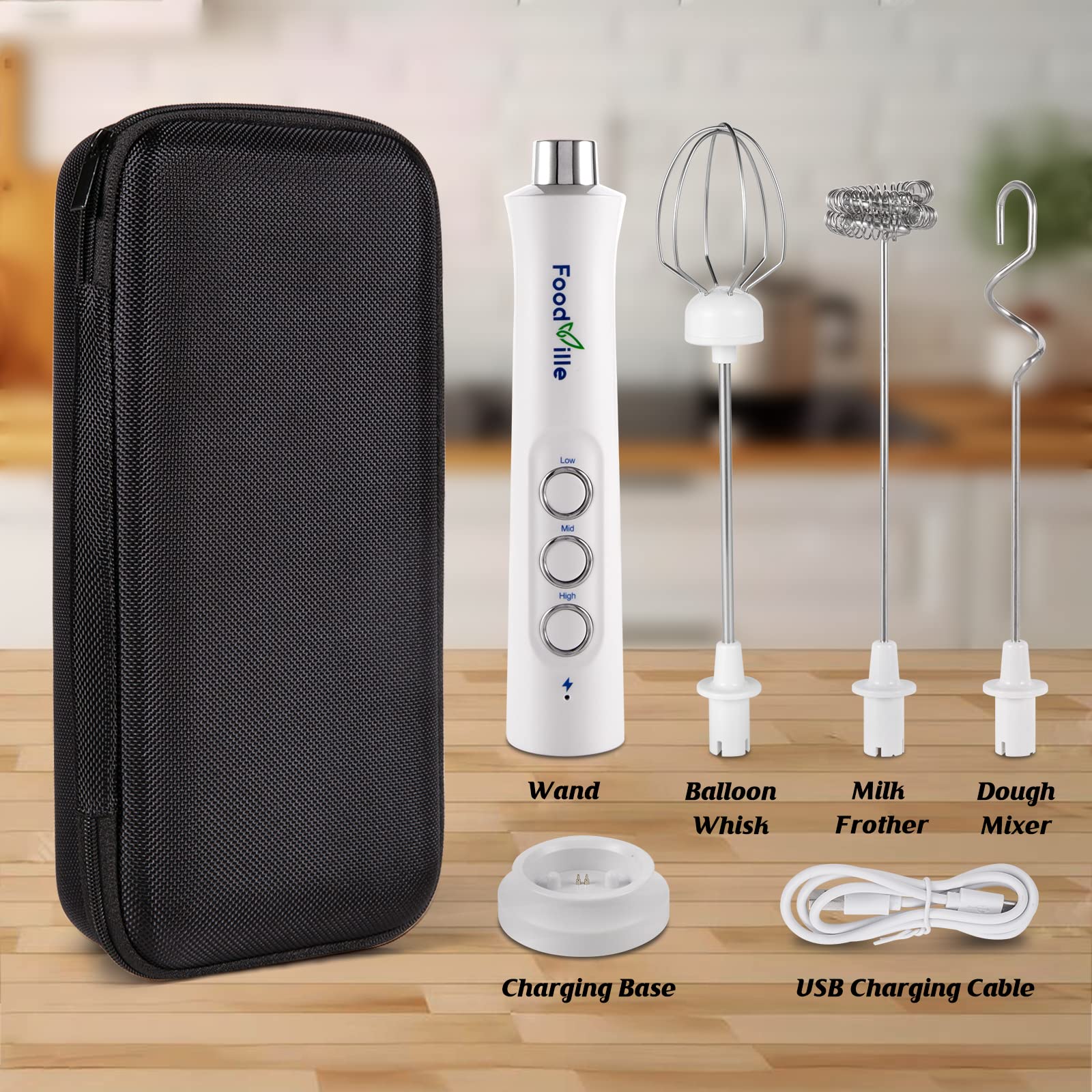 3-in-1 Rechargeable Milk Frother Handheld Foam Maker with Charging Stand & 3 Stainless Steel Whisks - Black with Travel Case - Perfect for Coffee, Latte, Hot Chocolate & Matcha at Home or Travel