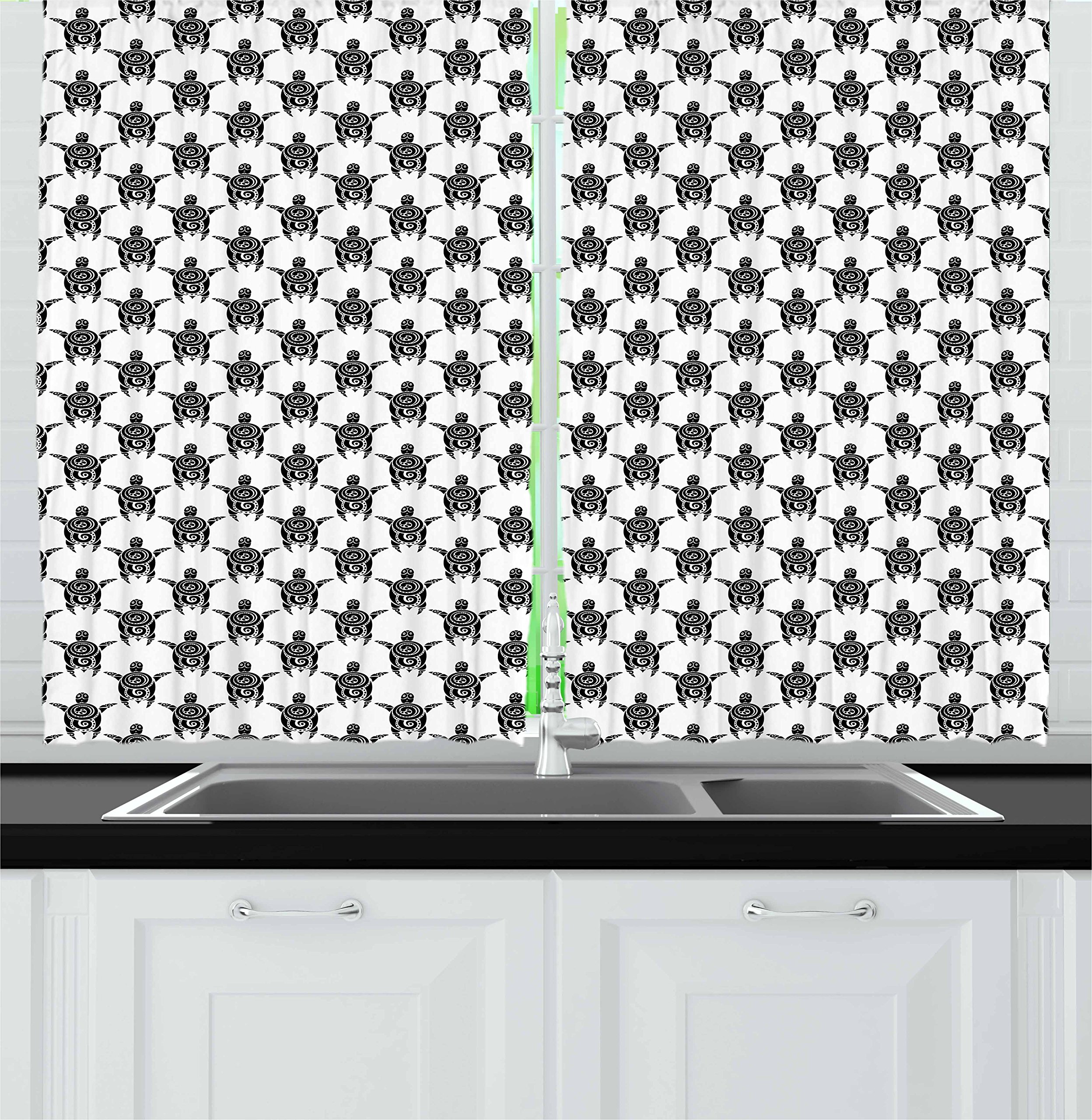 Ambesonne Maori Style Polynesian Sea Turtle Tattoo Kitchen Curtains - Black & White Swirl Design Window Drapes, 2 Panel Set (55x39 Inches) for Coastal, Tropical, and Boho Home Decor - Perfect for Kitchens, Cafes, Beach Houses & Tiki Bars