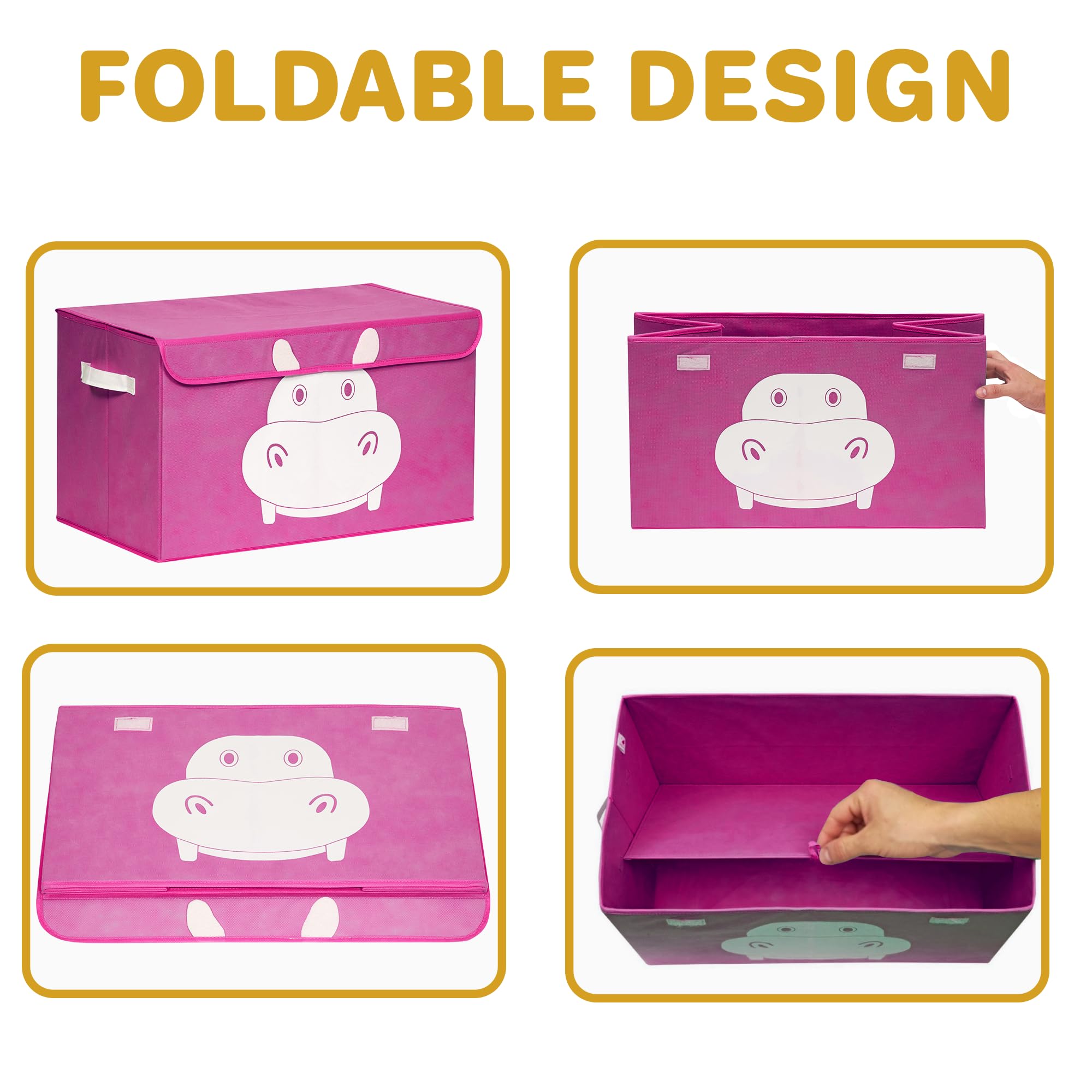 QUOKKA 4-Piece Hippo Toy Storage Box Set for Kids - Foldable Fabric Toy Organizer with Handles & Flip Top Lids (16